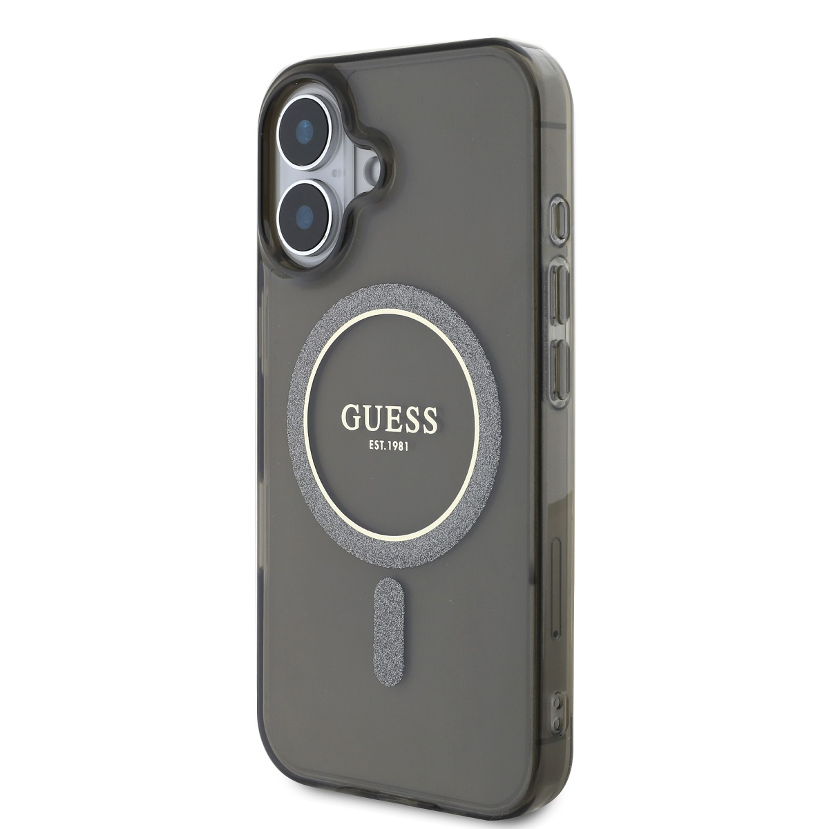 Custodia trasparente con logo Guess e anello magnetico grigio. Presenta due lenti.