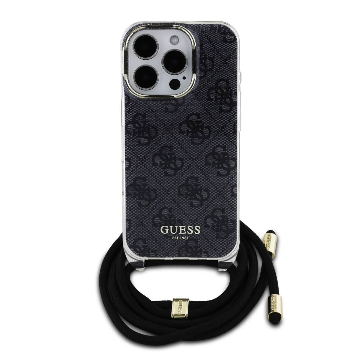 Custodia Guess nera con motivo e cordino nero. Il telefono è nella custodia.