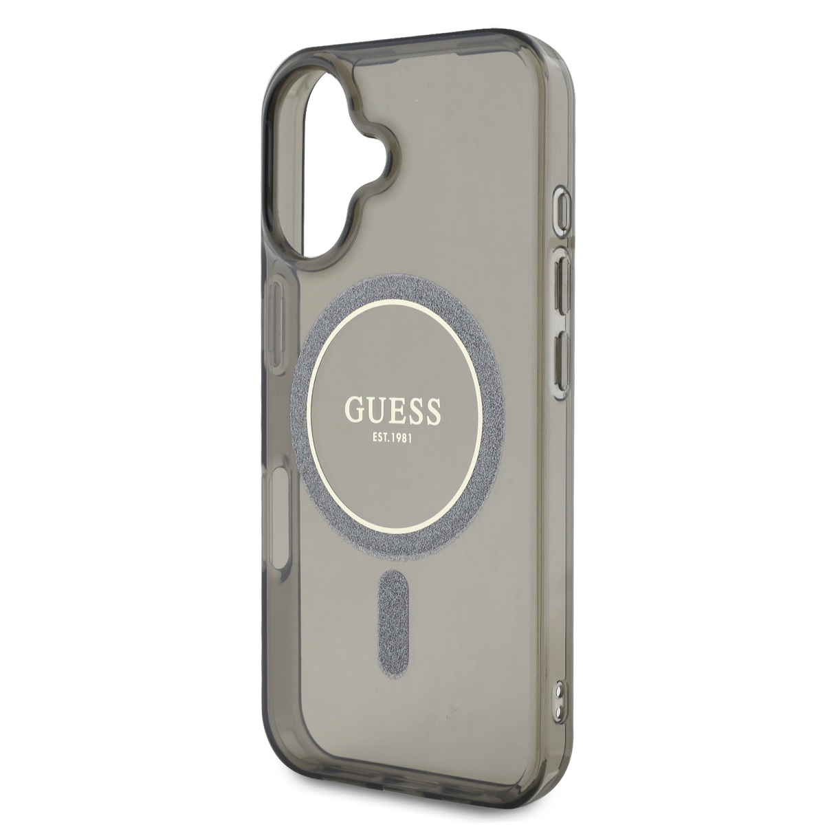 Custodia trasparente con logo Guess e anello magnetico grigio. Presenta due lenti.