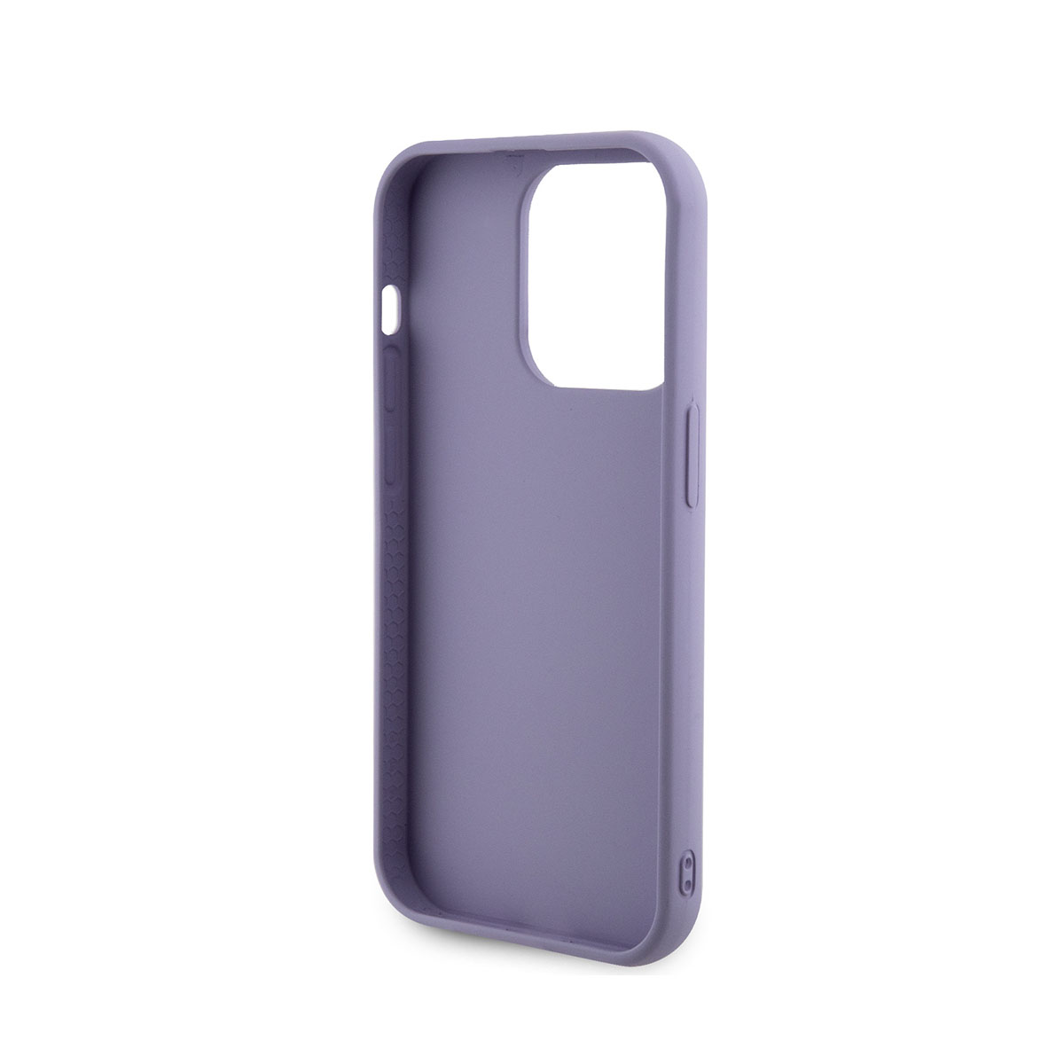 Custodia per telefono viola. Una custodia per telefono a forma di telefono con un foro per la fotocamera.
