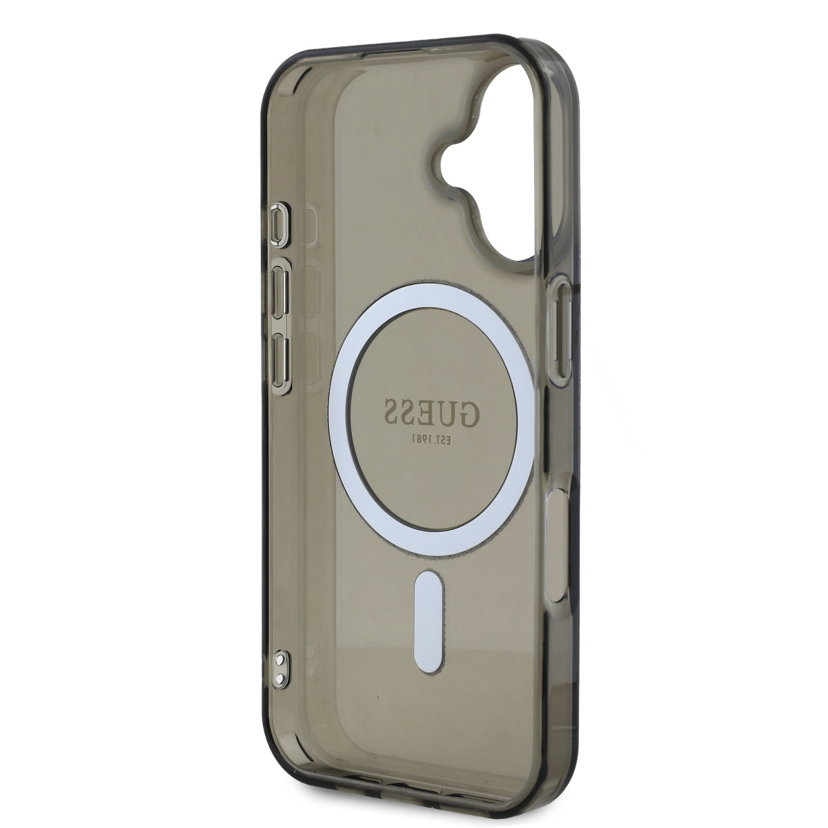 Custodia trasparente con logo Guess e anello magnetico grigio. Presenta due lenti.