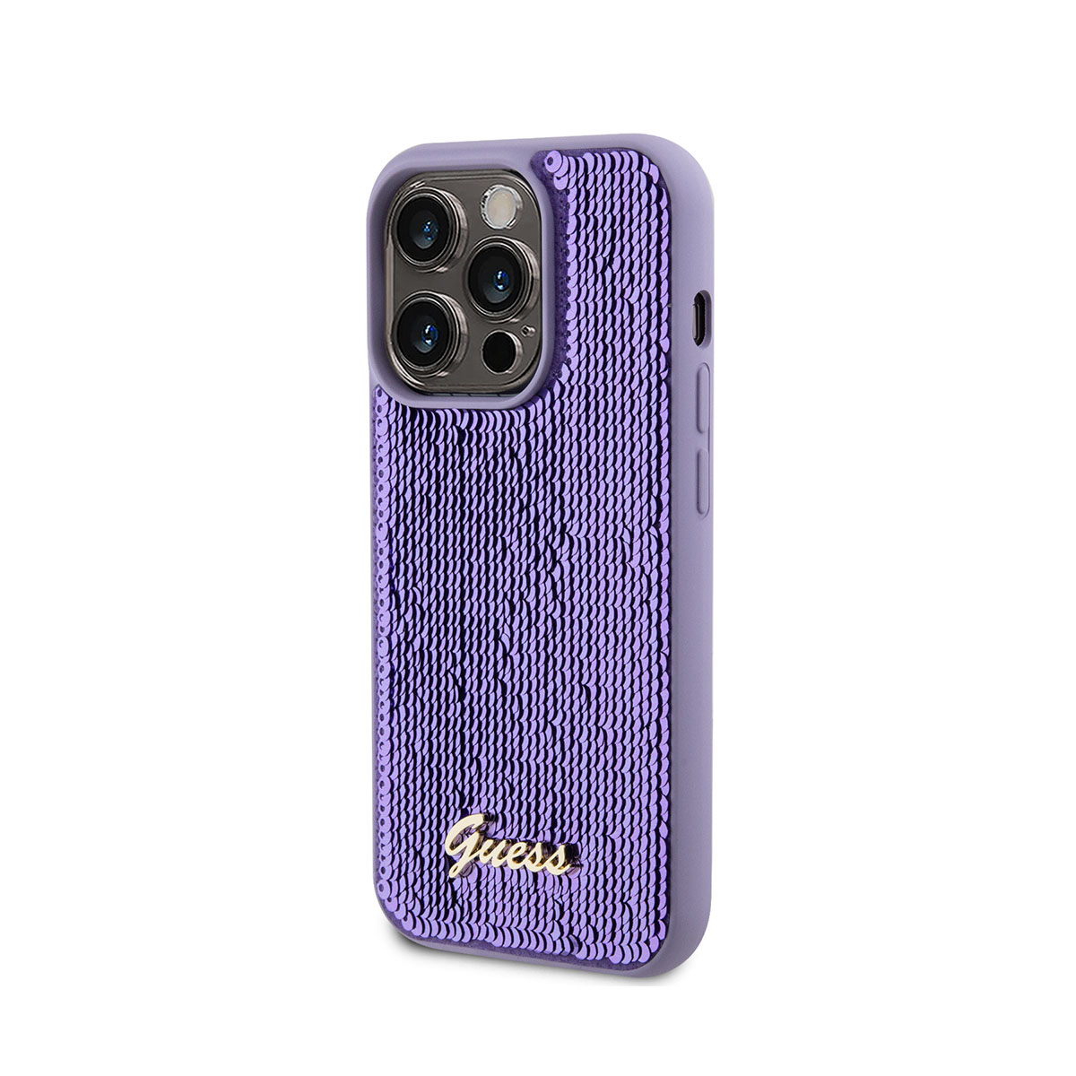 Custodia per telefono viola con un design a paillettes. Foro fotocamera e logo Guess.