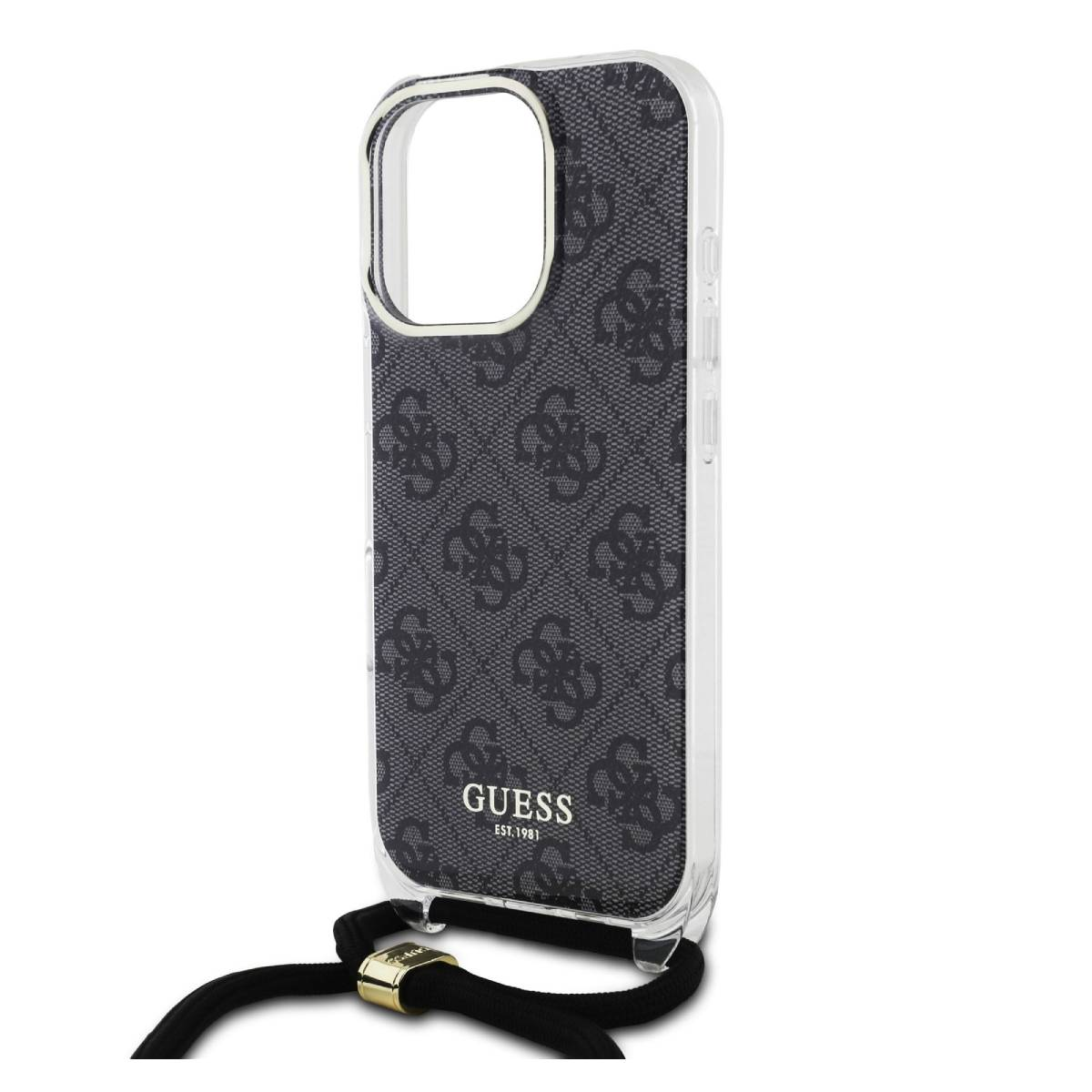 Custodia per telefono nera fantasia con cordino nero. Logo Guess e telefono dentro.