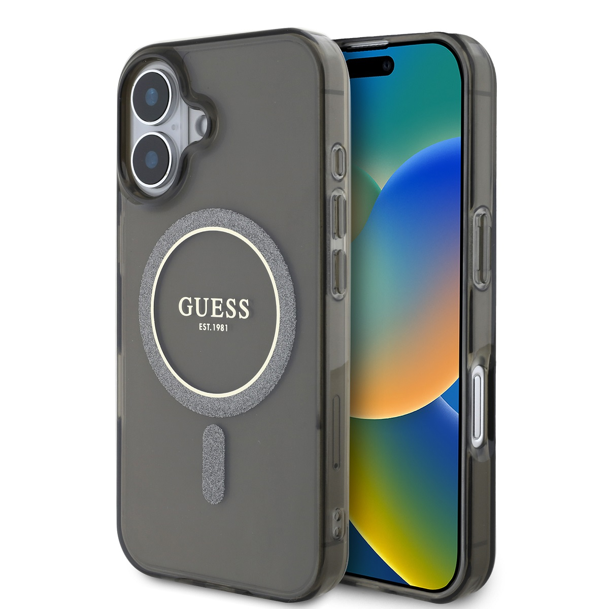 Custodia trasparente con logo Guess e anello magnetico grigio. Mostra schermo verde e blu.