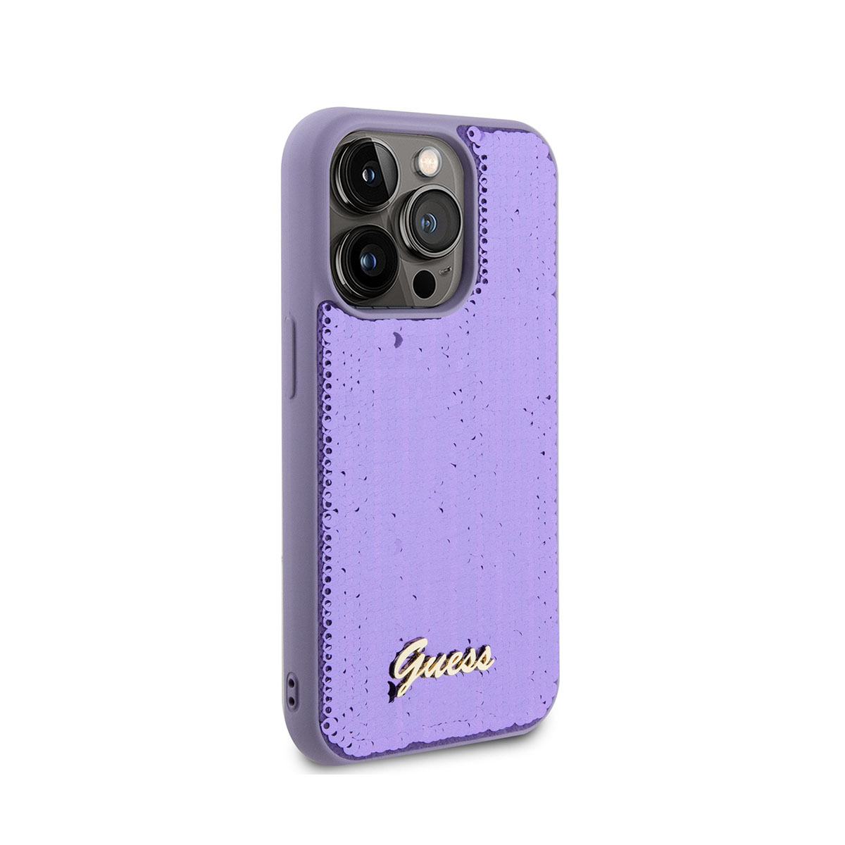 Custodia per telefono viola con un design a paillettes. Foro fotocamera e logo Guess.