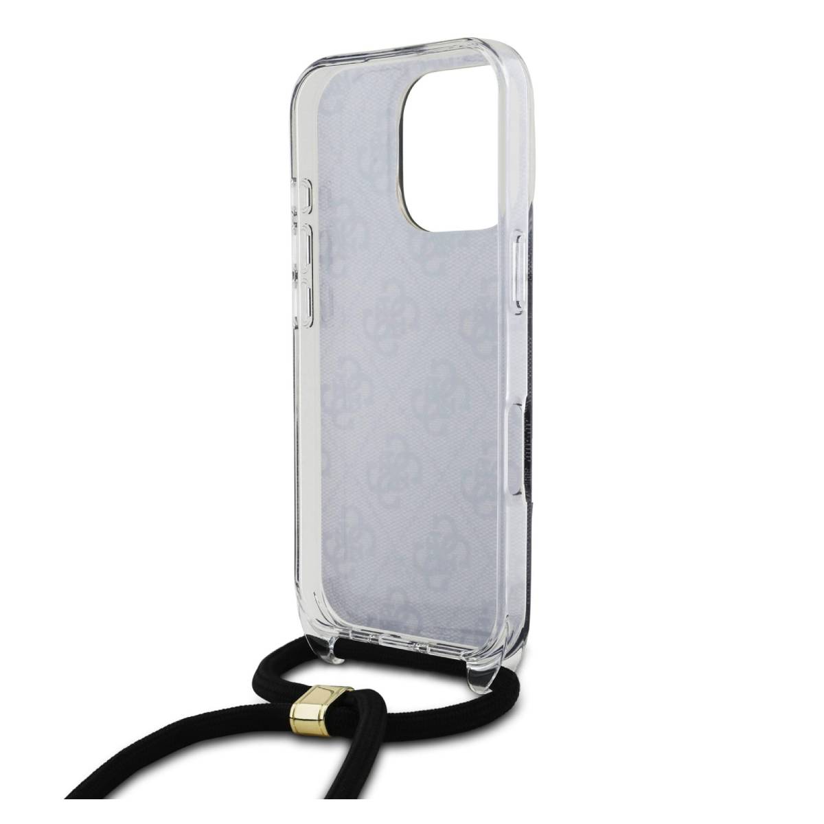 Custodia per telefono trasparente con cinturino nero. Sfondo bianco.