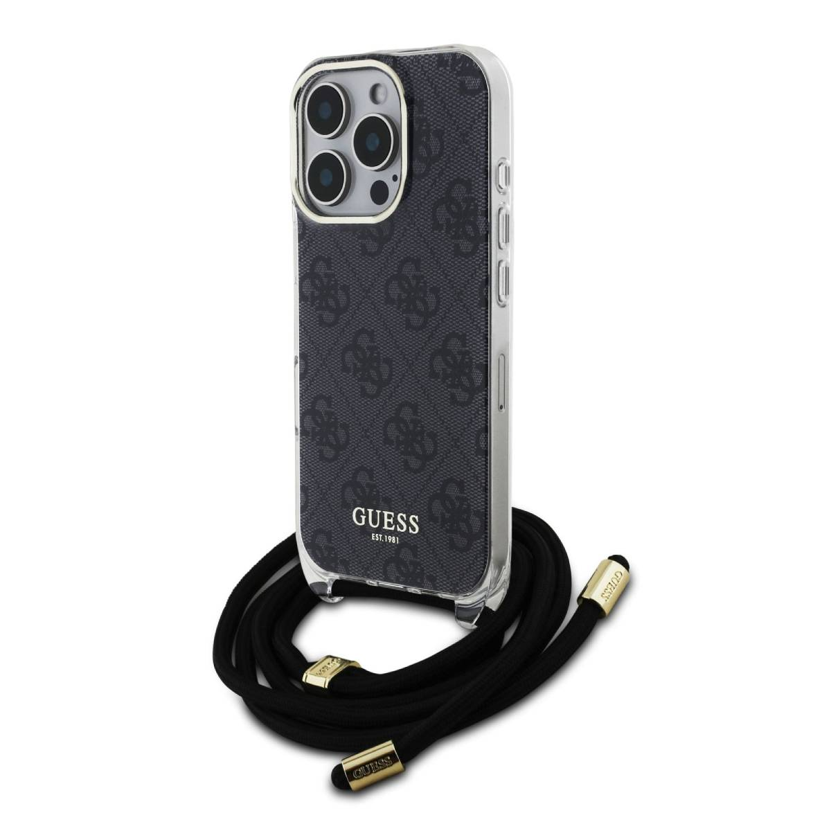 Custodia per telefono nera fantasia con cordino nero. Logo Guess e telefono dentro.
