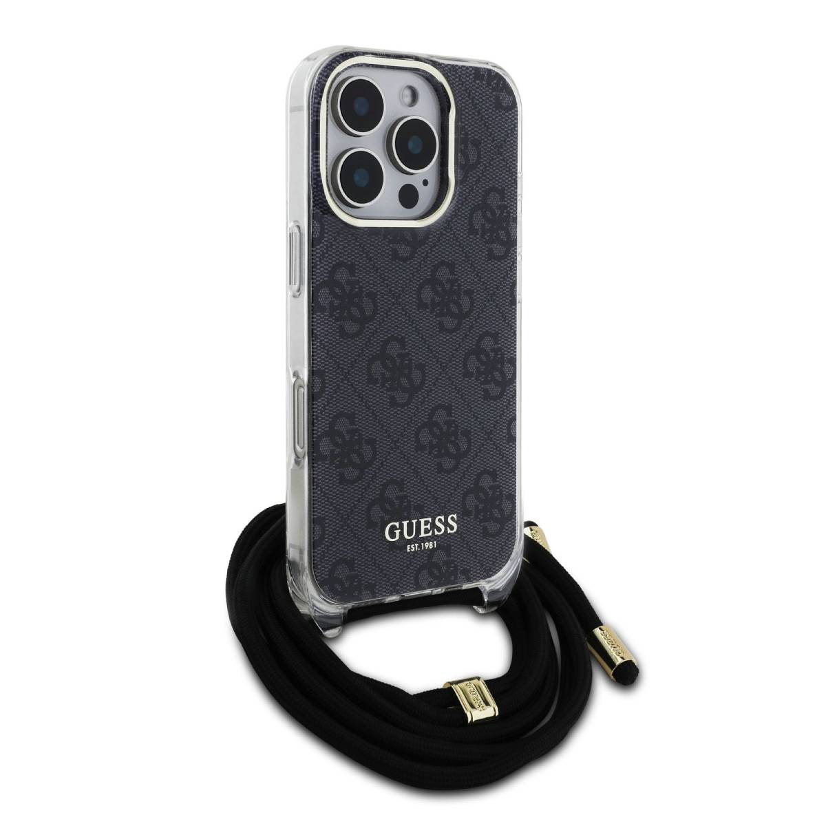 Custodia per telefono trasparente con cinturino nero e logo Guess. Sfondo bianco.