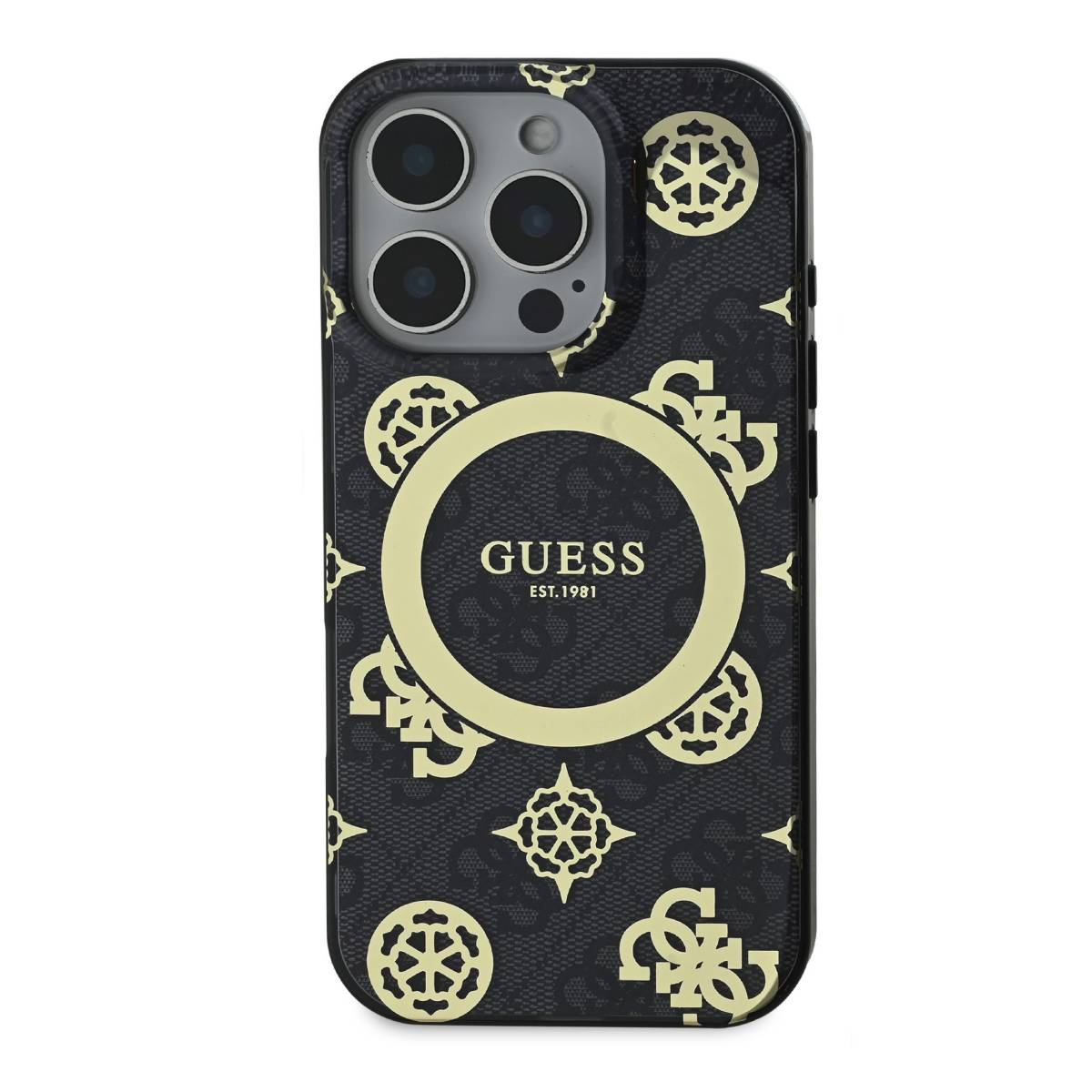 Custodia nera per telefono con logo e motivo Guess. Il telefono ha più fotocamere.