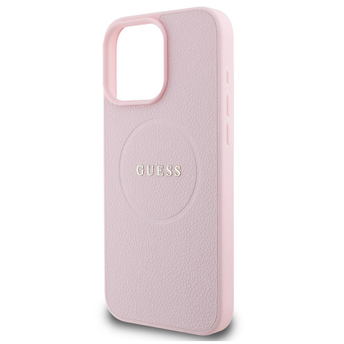 Custodia per telefono rosa con il logo Guess. Foro fotocamera e anello magnetico.