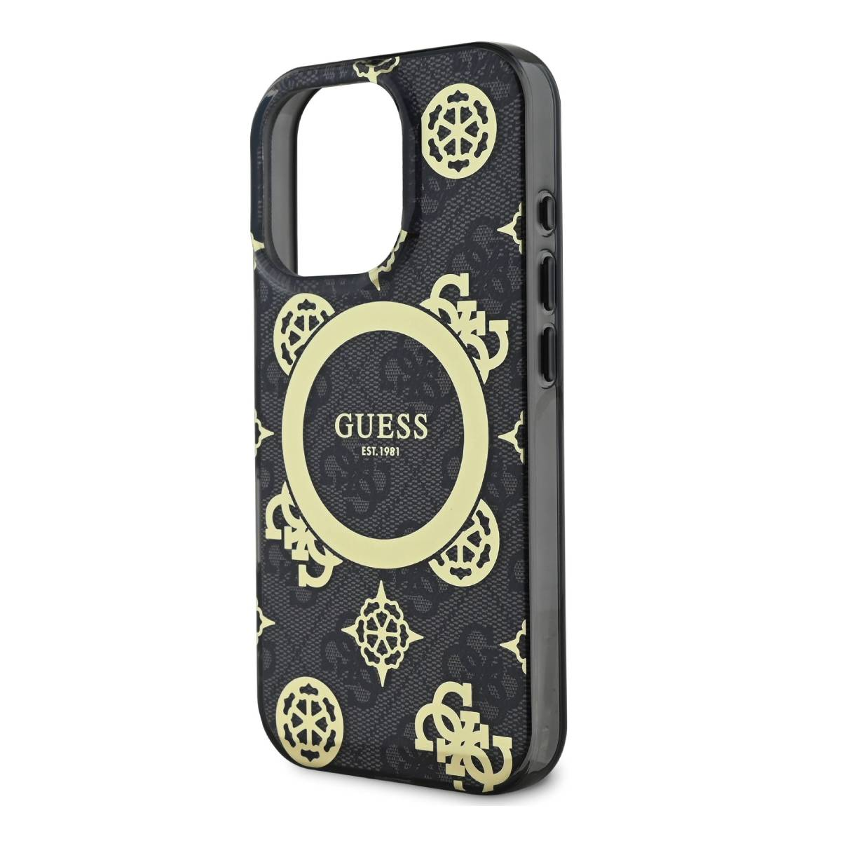 Custodia per telefono nera con design Guess dorato, che tiene un telefono. Sfondo bianco.