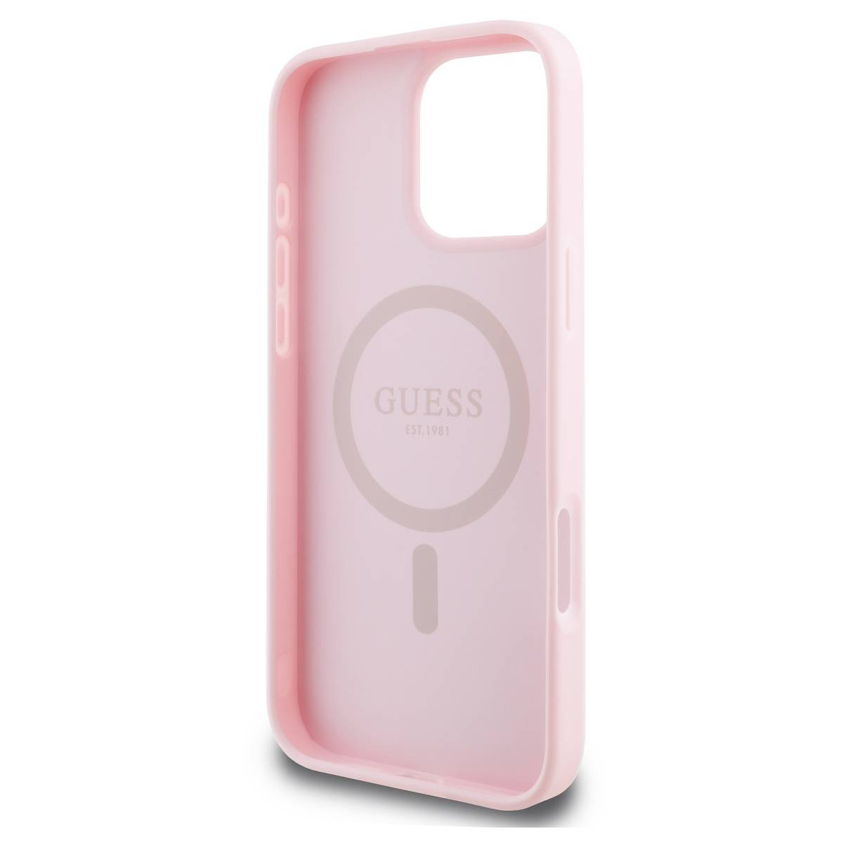 Custodia per telefono rosa con logo Guess e anello magnetico. A forma di telefono.