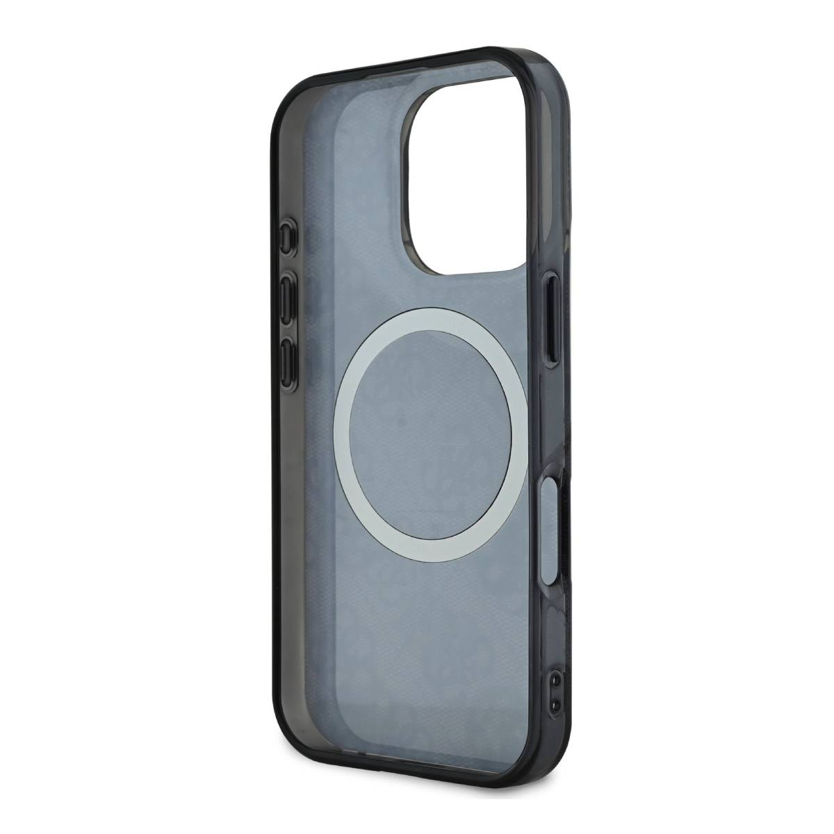 Custodia per telefono trasparente con logo Guess bianco su sfondo grigio. Sfondo bianco.