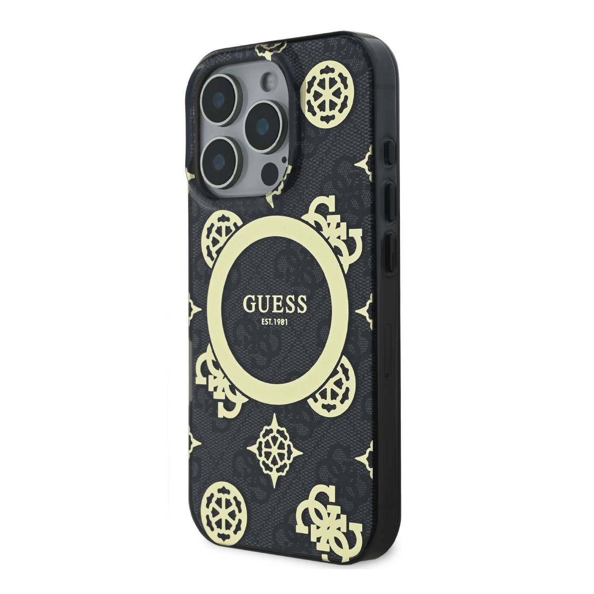 Custodia per telefono nera con design Guess dorato, che tiene un telefono. Sfondo bianco.
