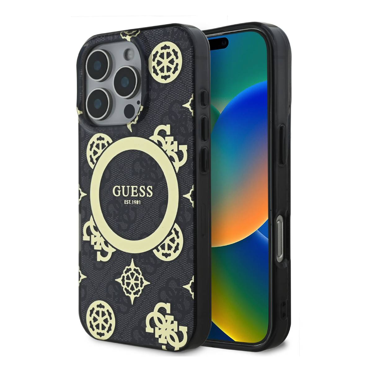 Custodia per telefono nera con logo e design Guess dorati, che tiene un telefono. Sfondo nero.
