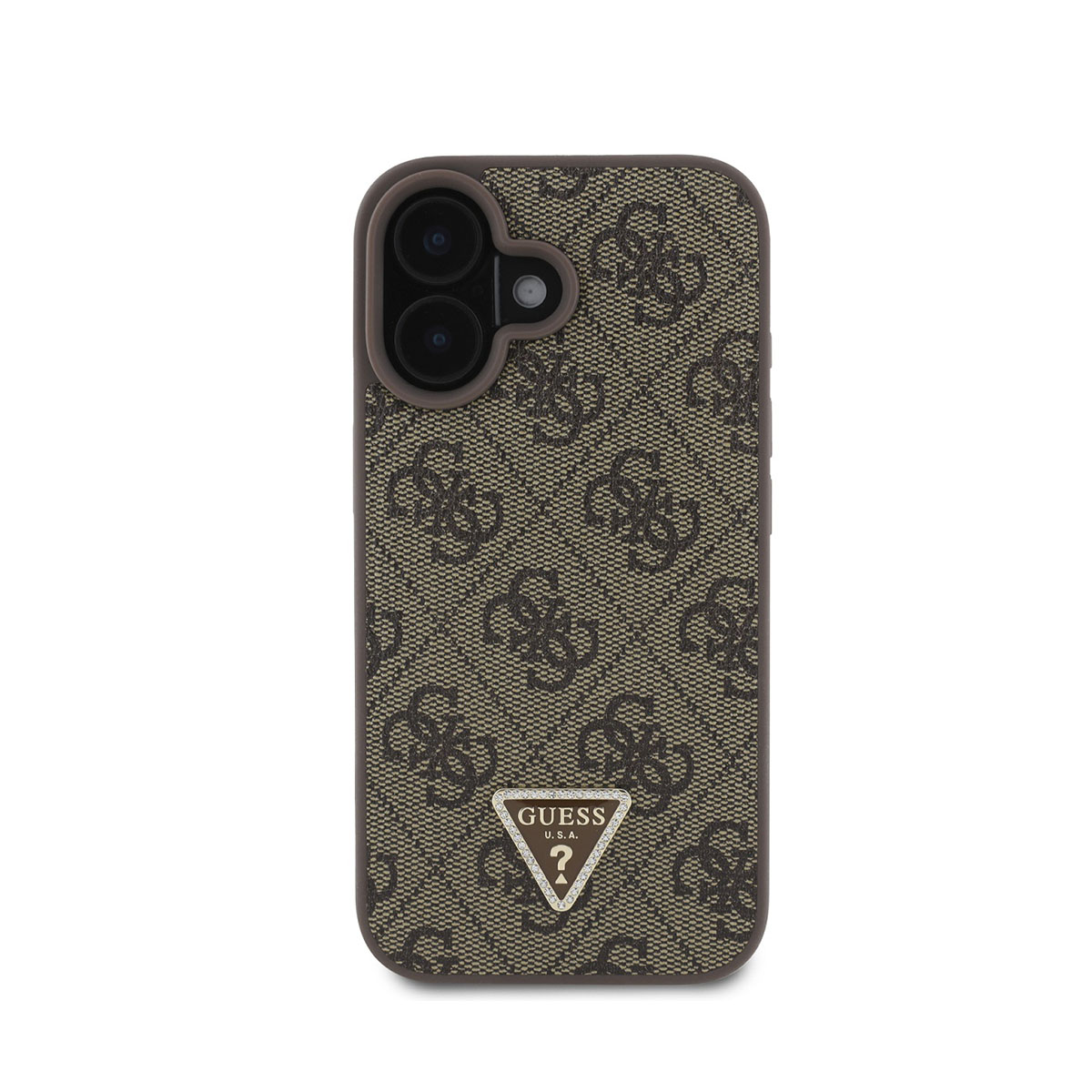 Custodia per telefono Guess marrone. Caratterizzata da motivo monogramma, logo Guess e ritagli per fotocamera.