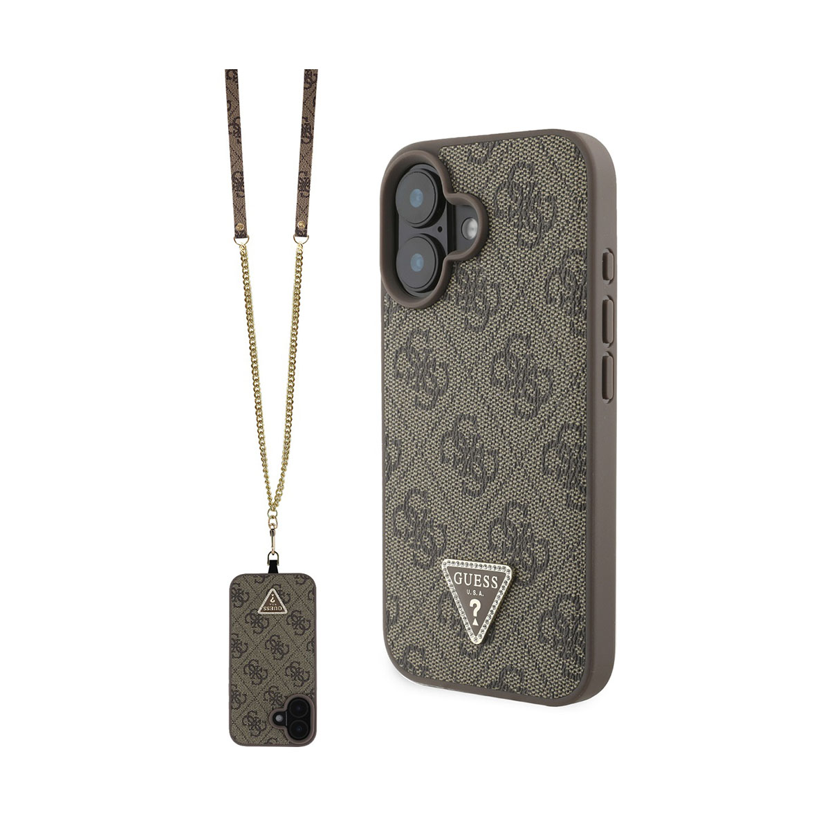 Custodia per telefono con telefono e cinturino abbinati, design Guess marrone. Sfondo bianco.