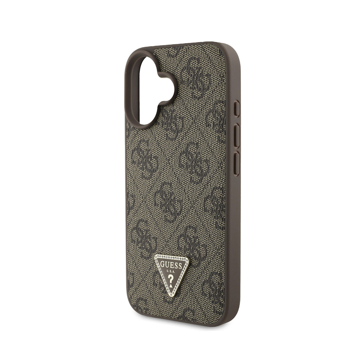 Custodia per telefono marrone con design Guess marrone. Sfondo bianco.