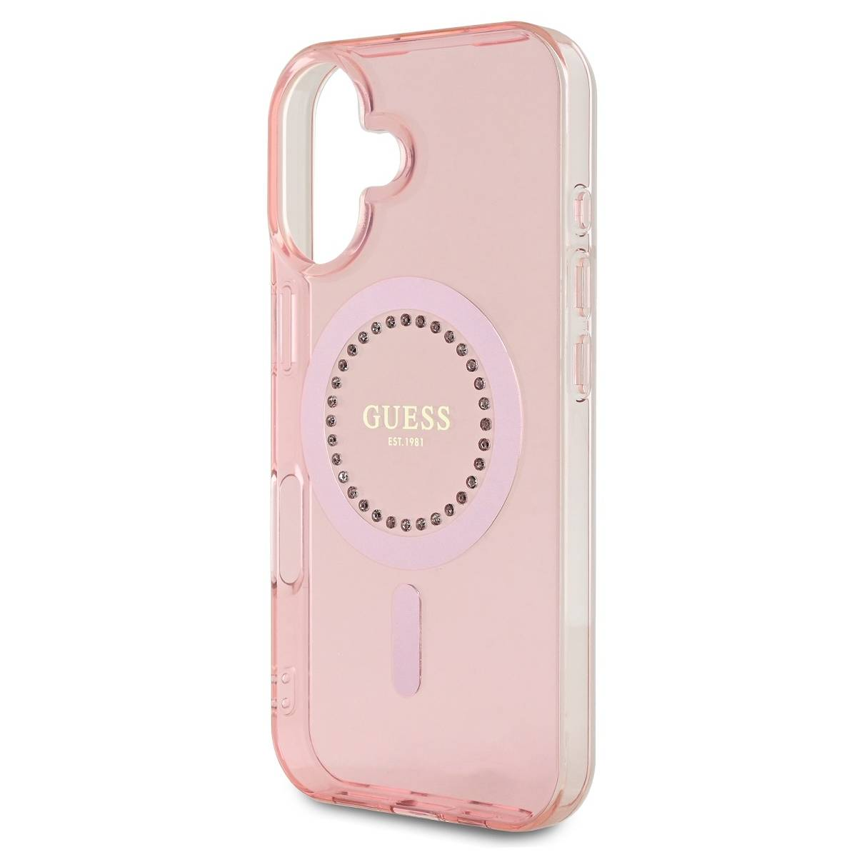 Custodia Guess rosa con retro trasparente, cerchio con gemme. Logo Guess.