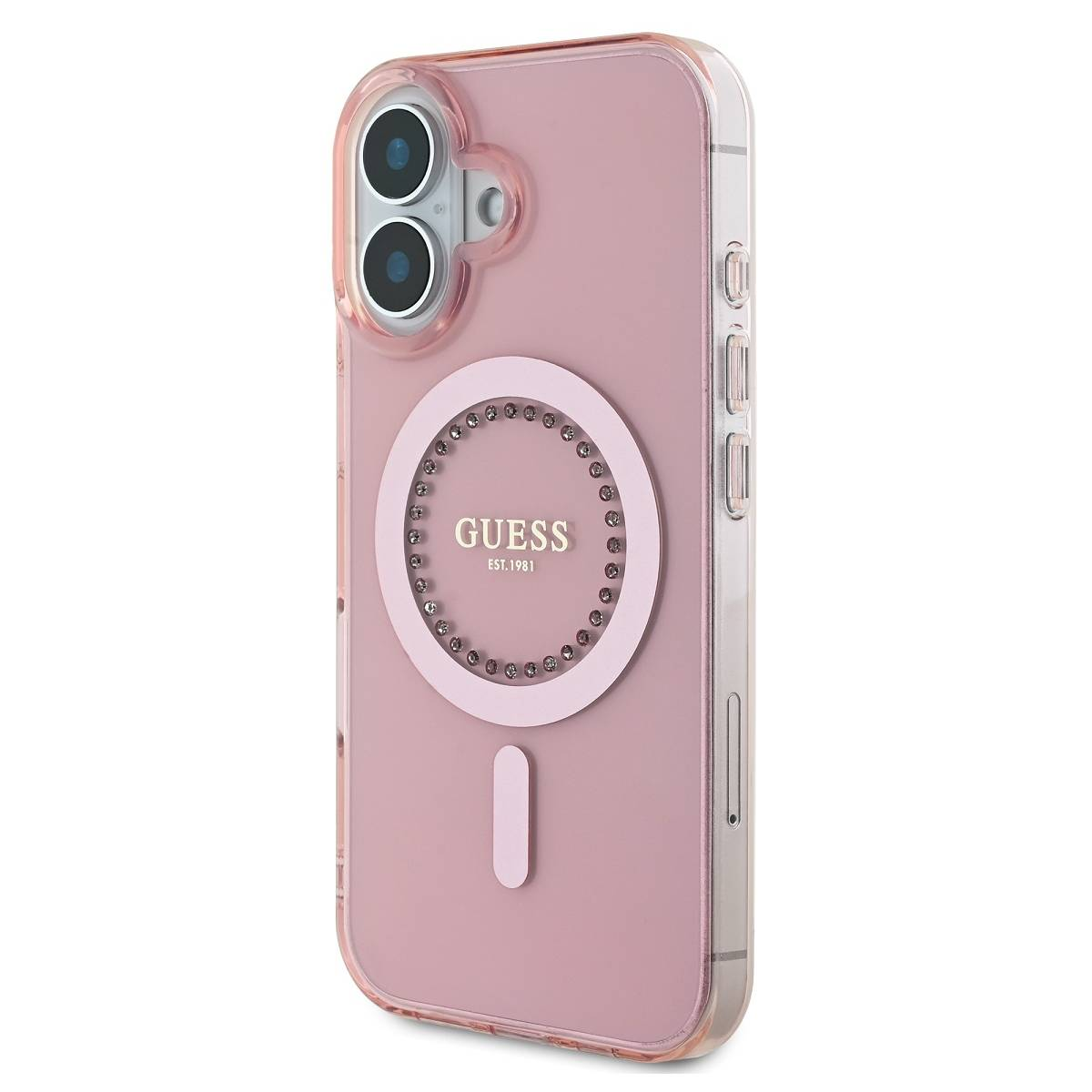 Custodia Guess rosa con retro trasparente, cerchio con gemme. Logo Guess.