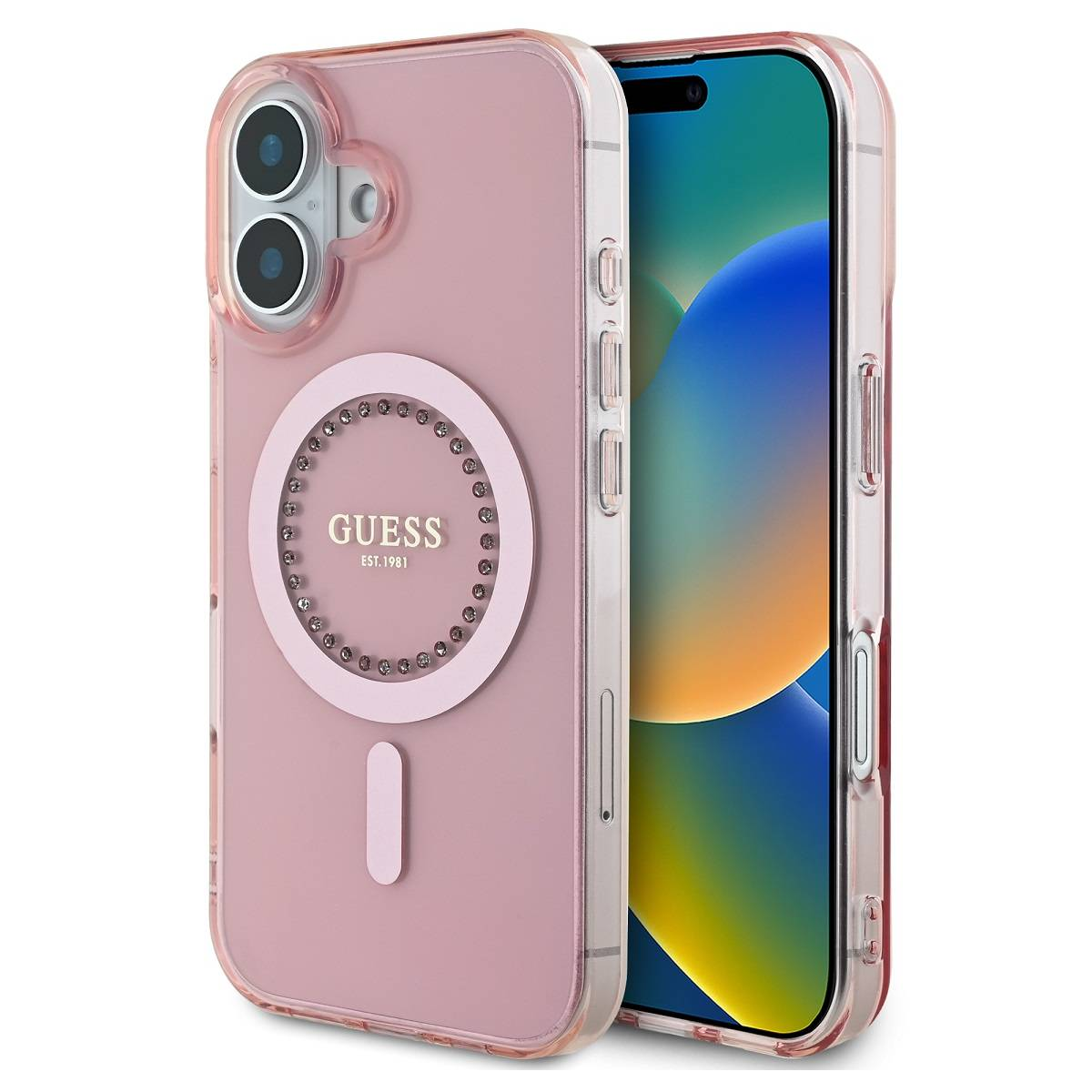 Custodia Guess rosa con retro trasparente, cerchio con gemme. Telefono visibile.