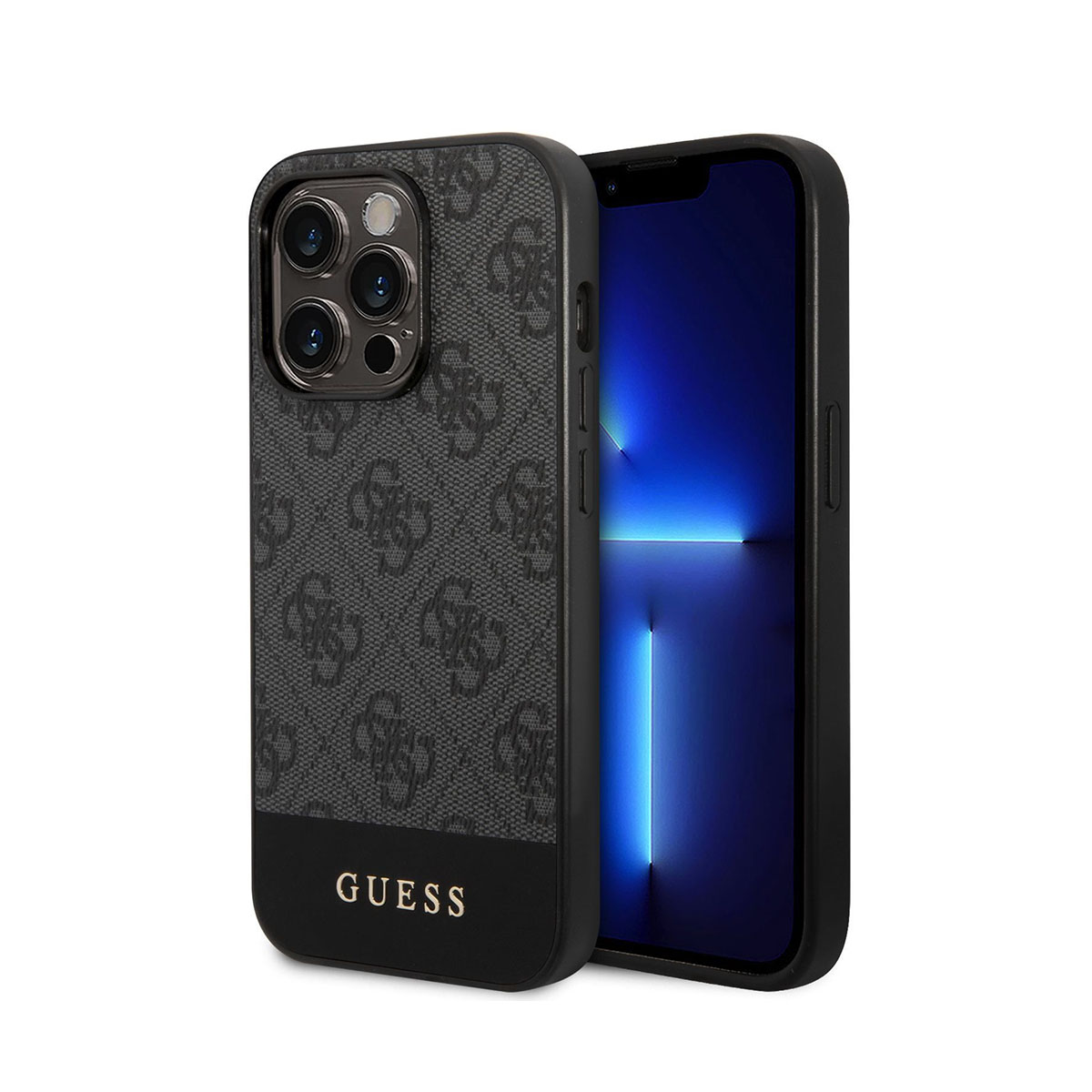 Schwarze Guess-Hülle mit Telefon und Muster. Seitenansicht.