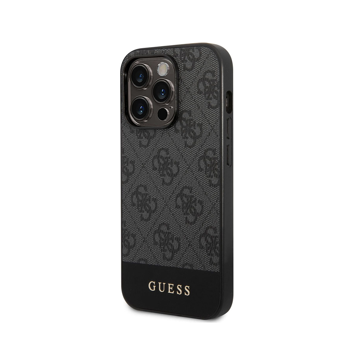 Schwarze Guess-Hülle mit Muster. Schräge Seitenansicht.