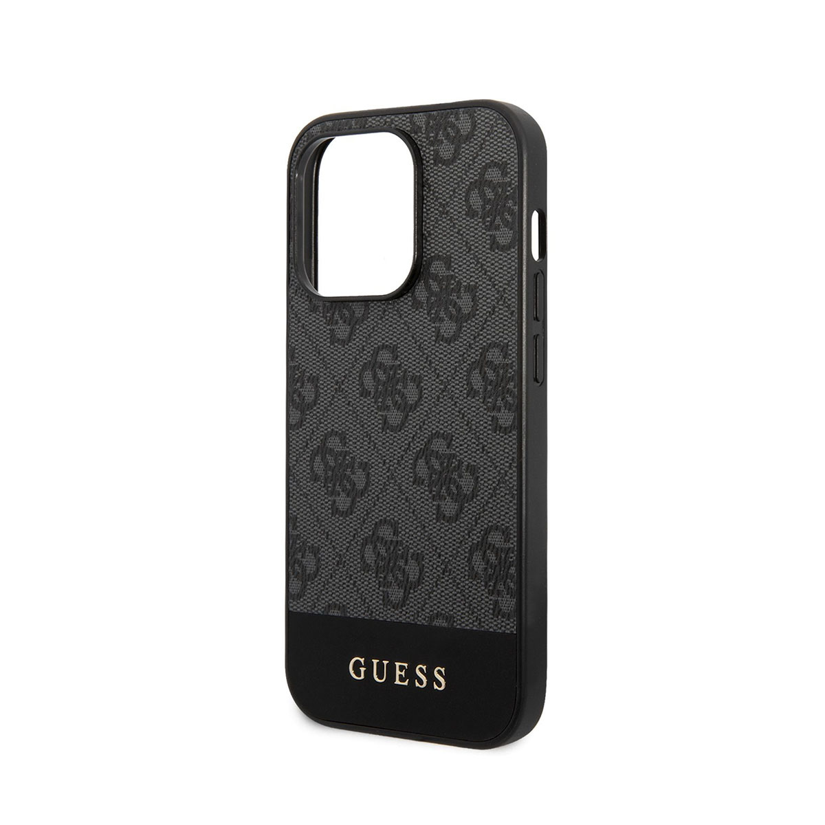 Schwarze Handyhülle mit Guess-Logo-Muster, schwarzer Basis und goldenem Guess-Text.