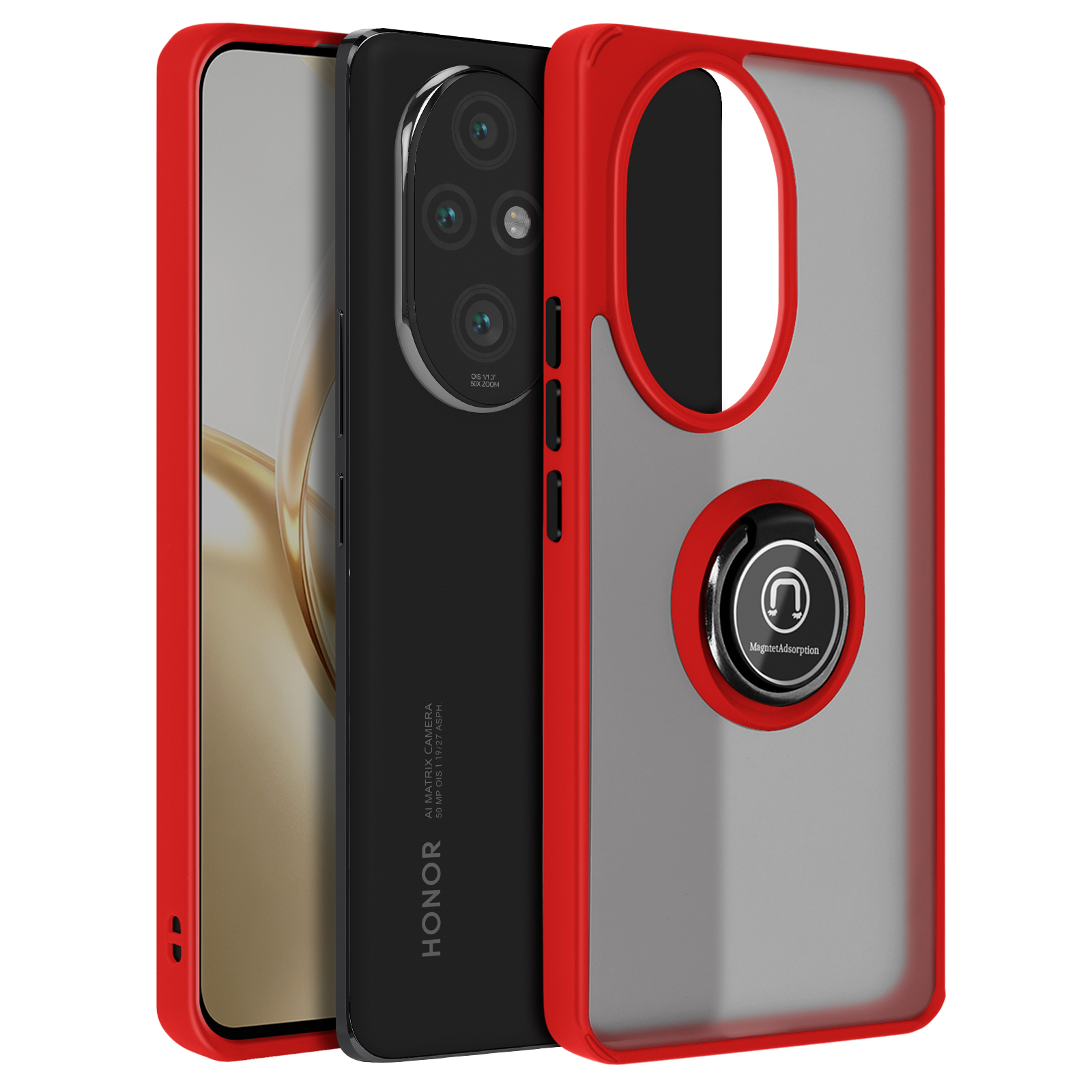 Custodia rossa con telefono nero e anello portacellulare.