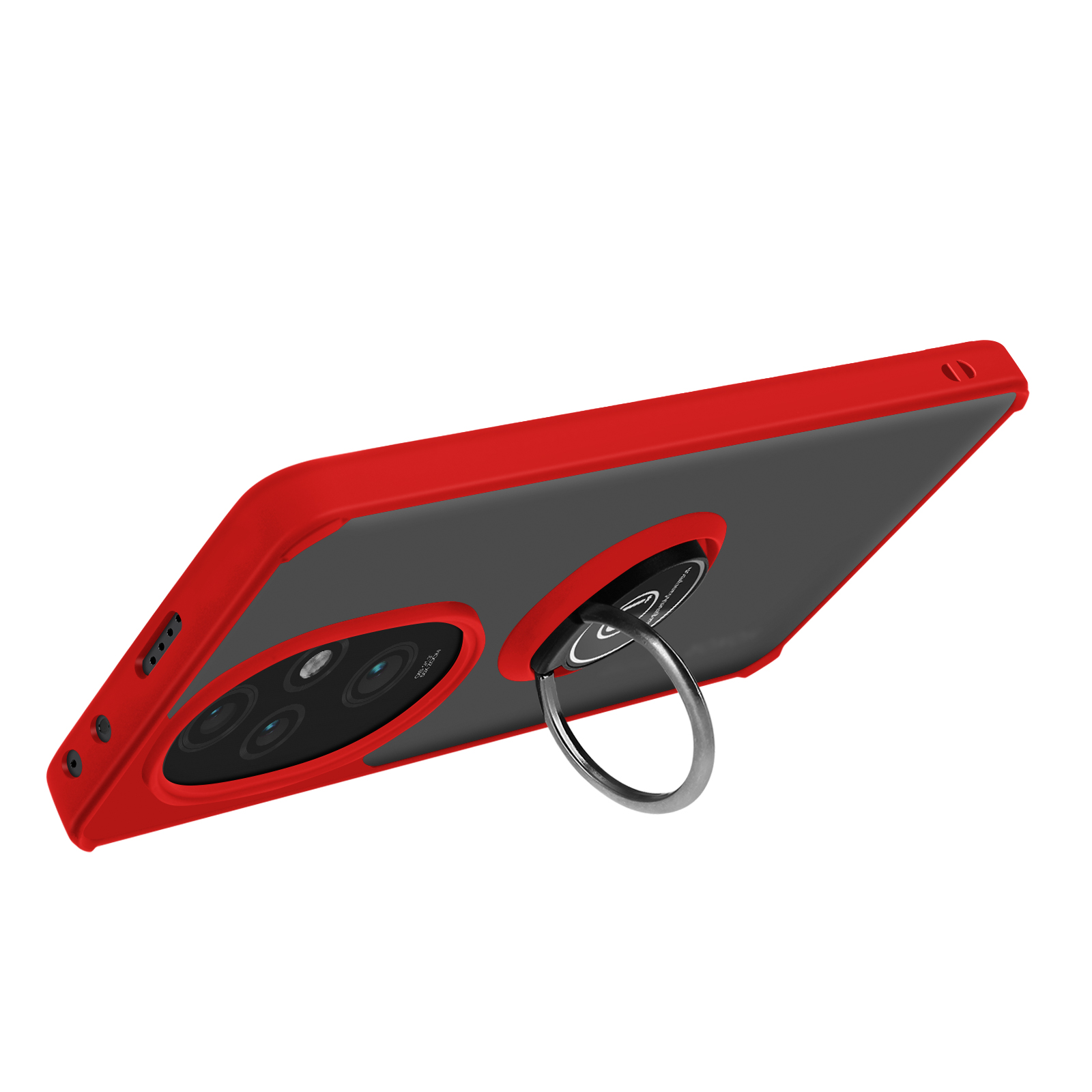 Custodia per telefono rossa e grigia con anello di supporto e configurazione a tripla fotocamera.