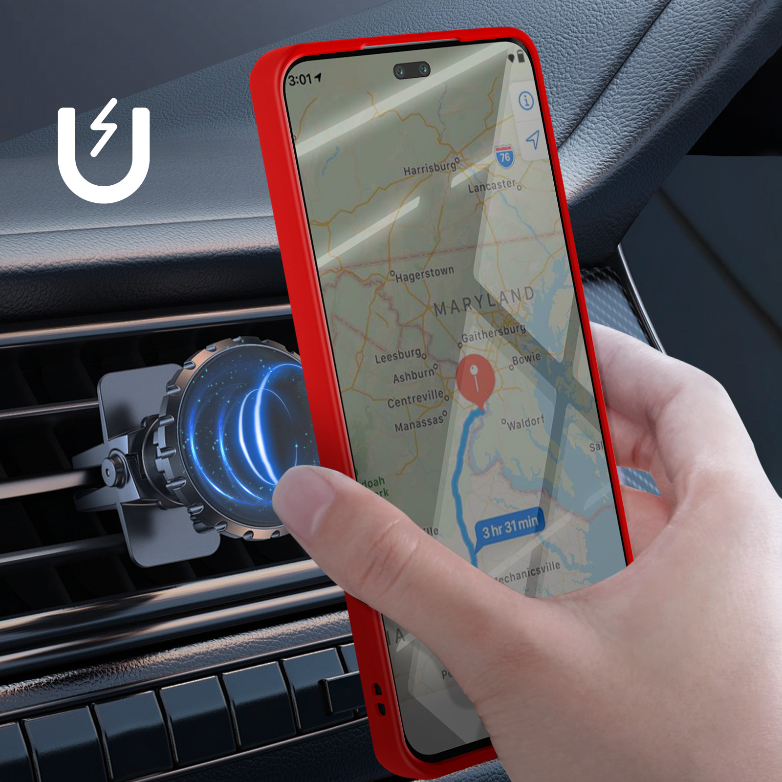 Un telefono in custodia rossa montato su una bocchetta dell'auto.