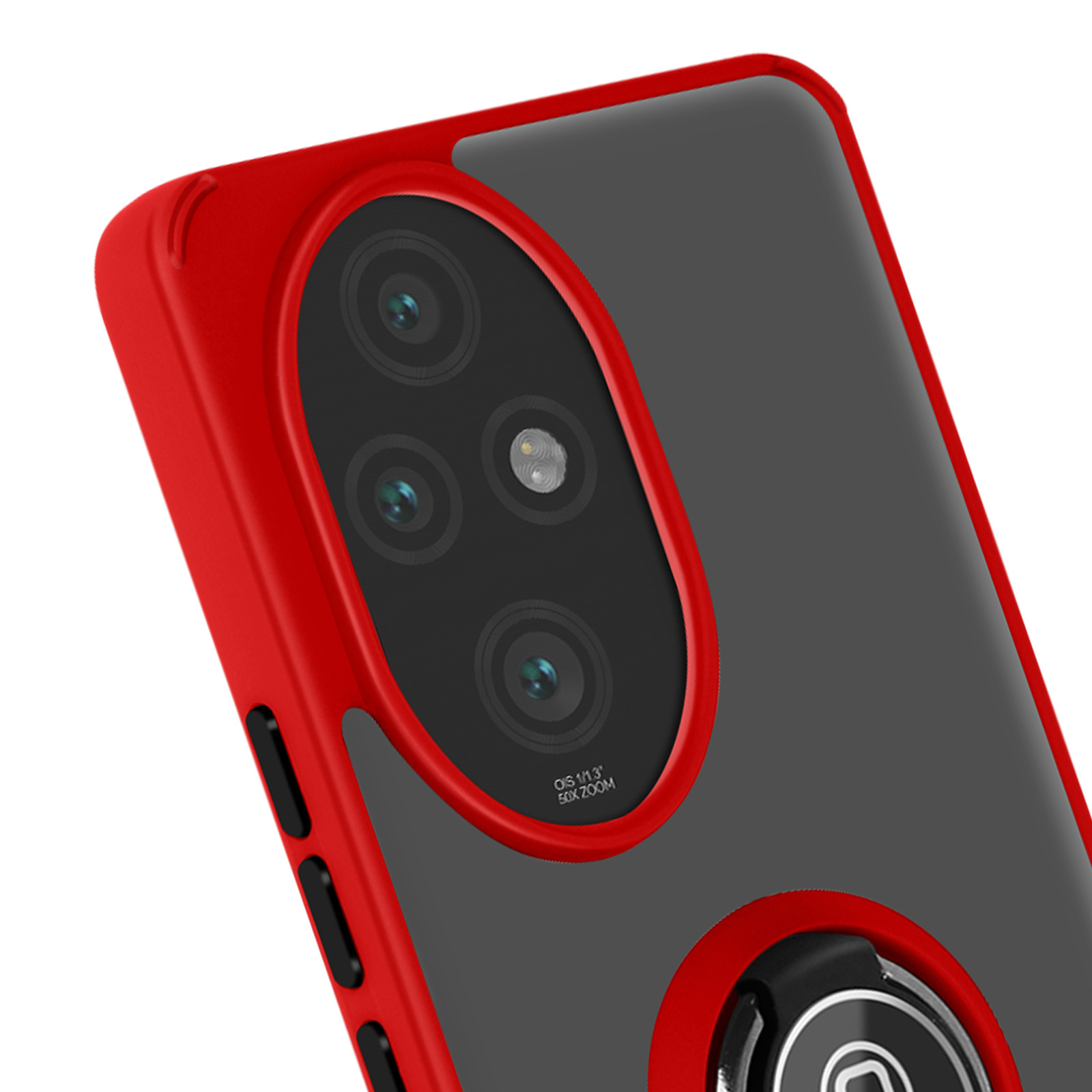 Primo piano di una custodia rossa con configurazione a tripla fotocamera e anello di supporto.