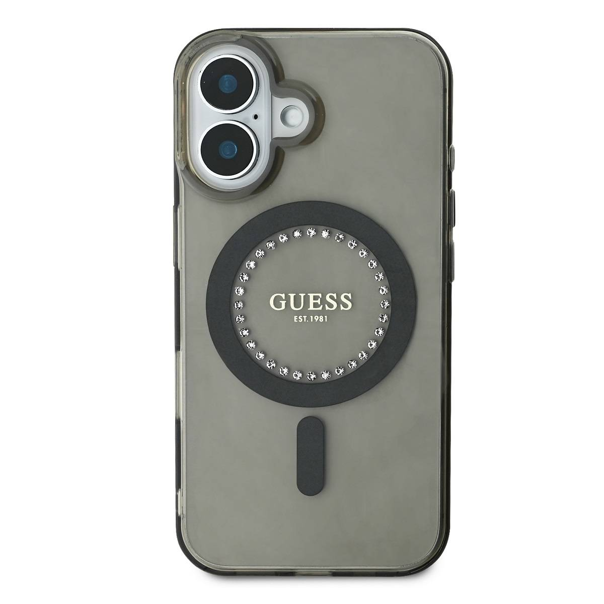 Custodia trasparente con logo Guess nero e diamanti.