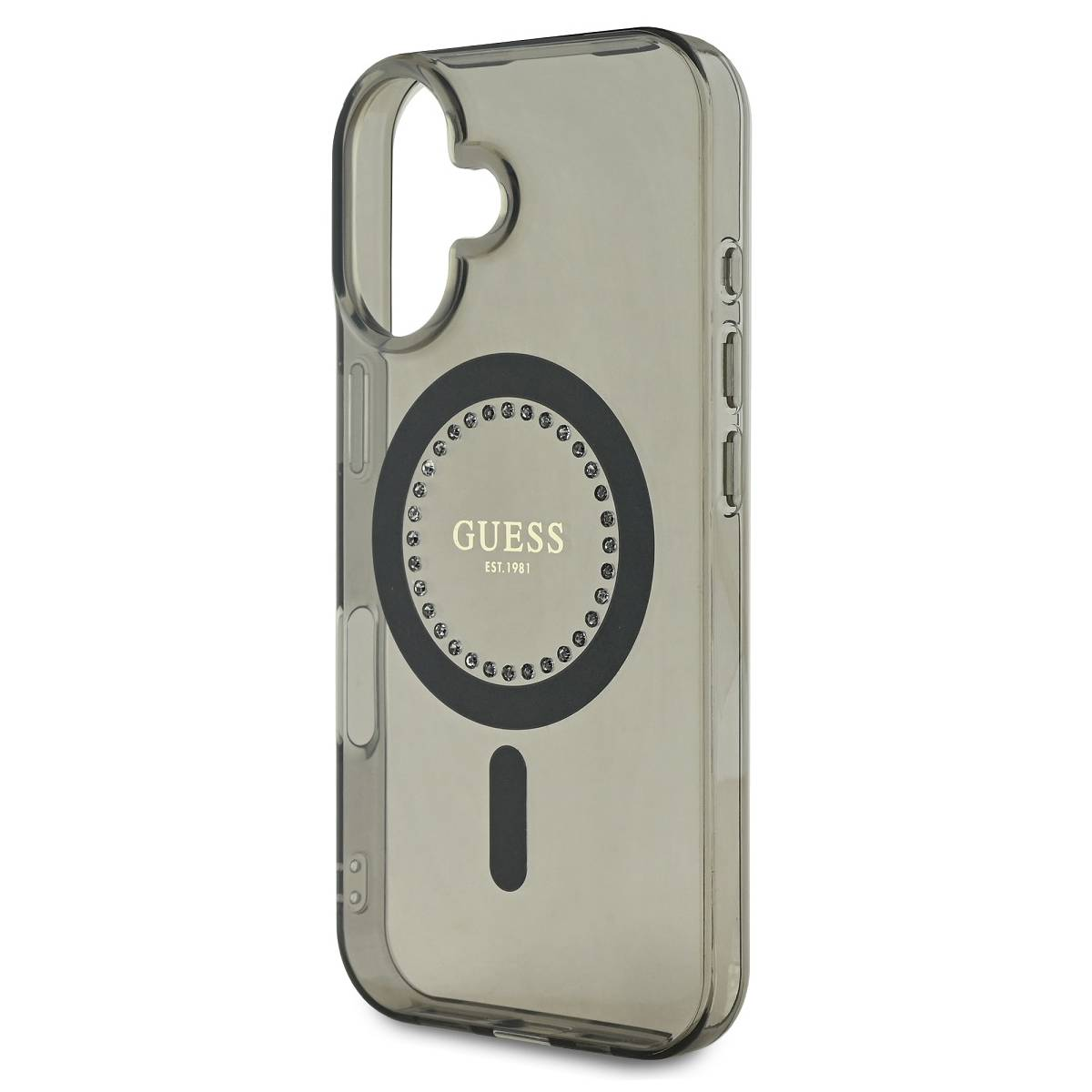 Custodia per telefono grigio fumo con logo Guess e cerchio magnetico. Dettagli neri.