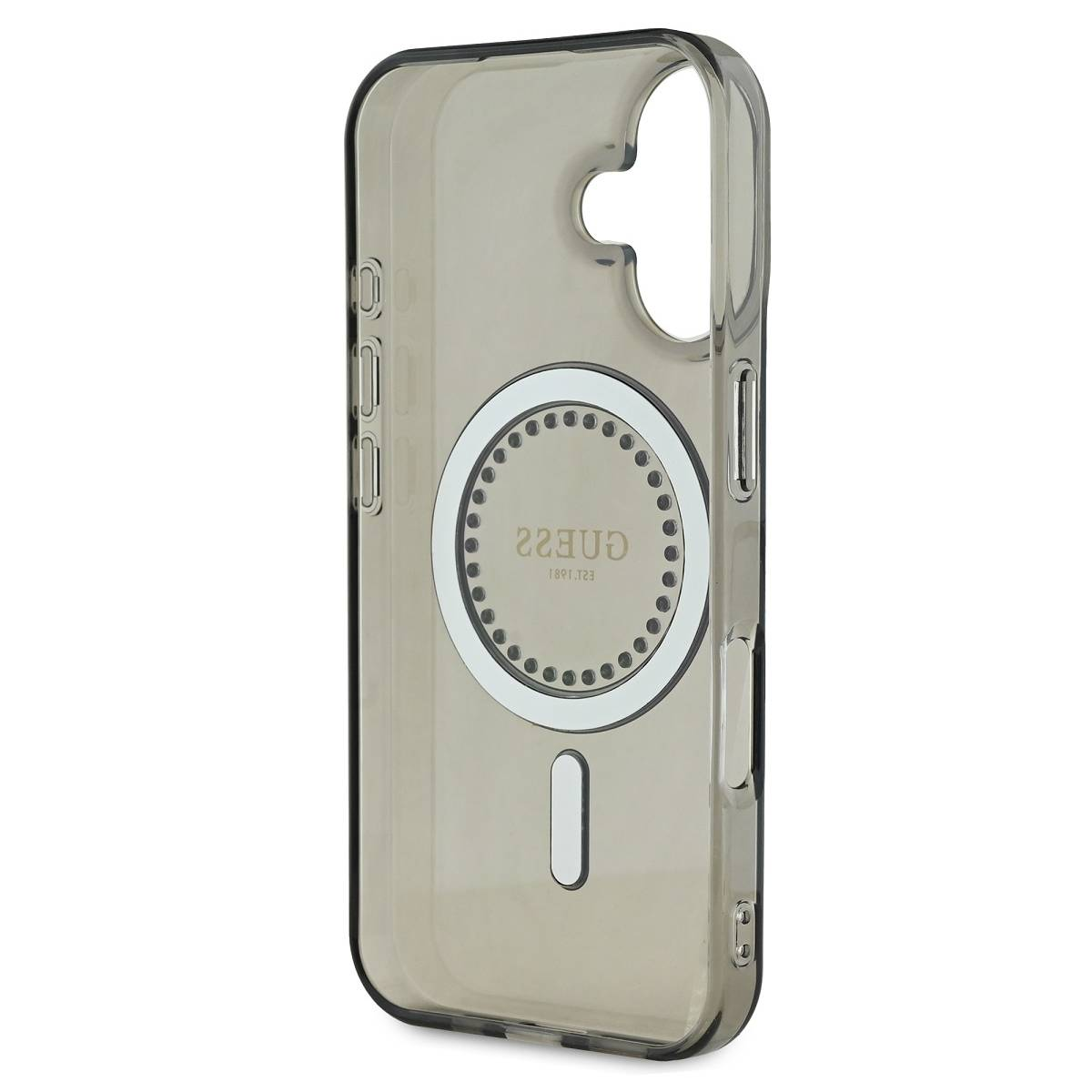 Custodia trasparente per telefono con logo Guess, vista laterale. Ha un cinturino nero.