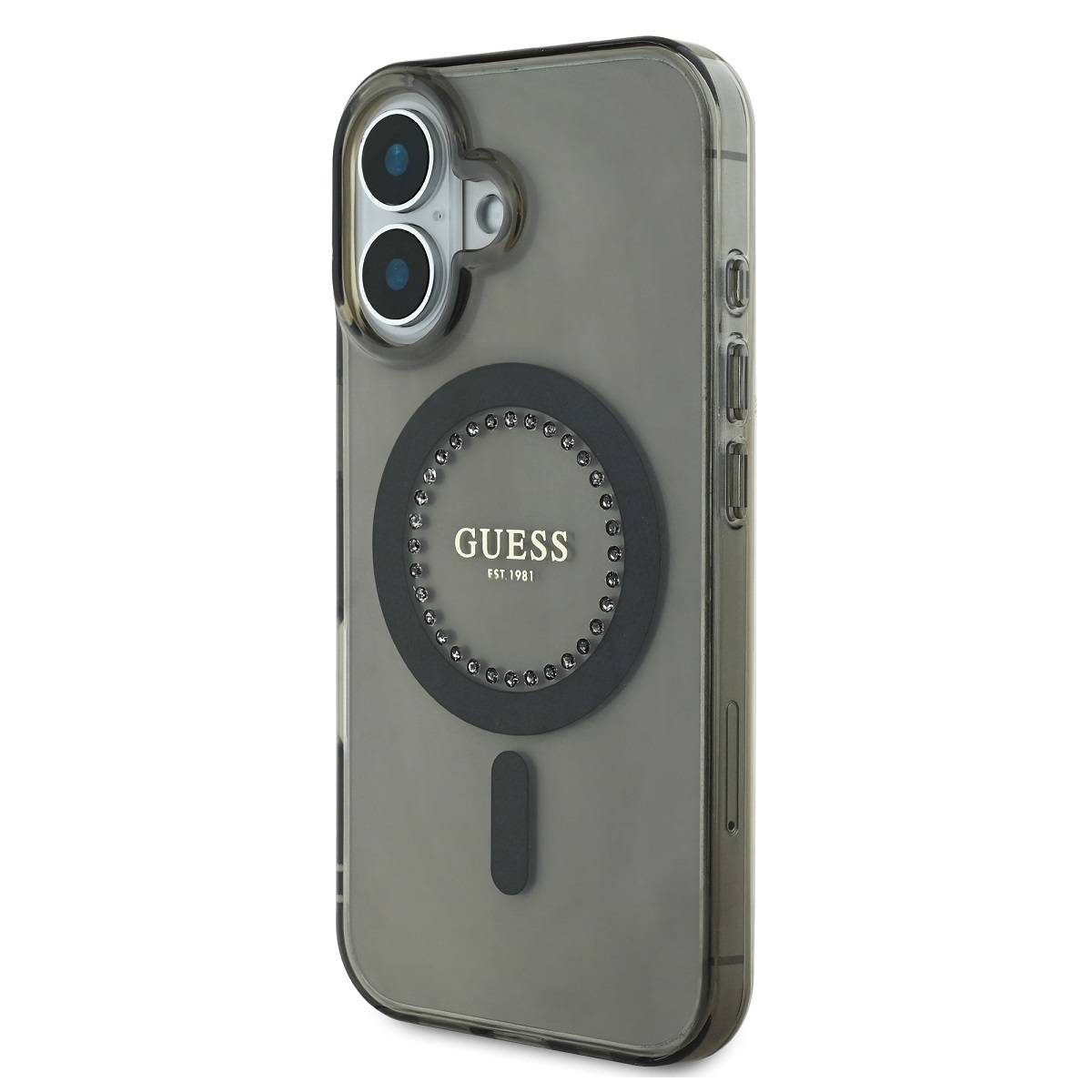 Custodia per telefono grigio fumo con logo Guess e cerchio magnetico, con configurazione a doppia fotocamera.