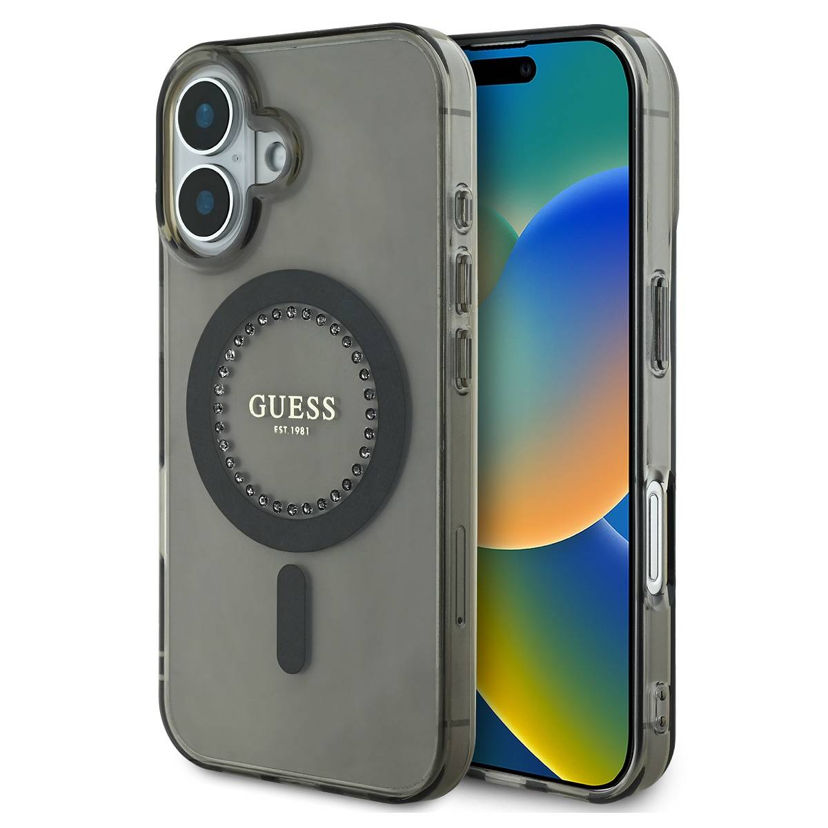 Custodia trasparente con logo Guess nero e telefono.