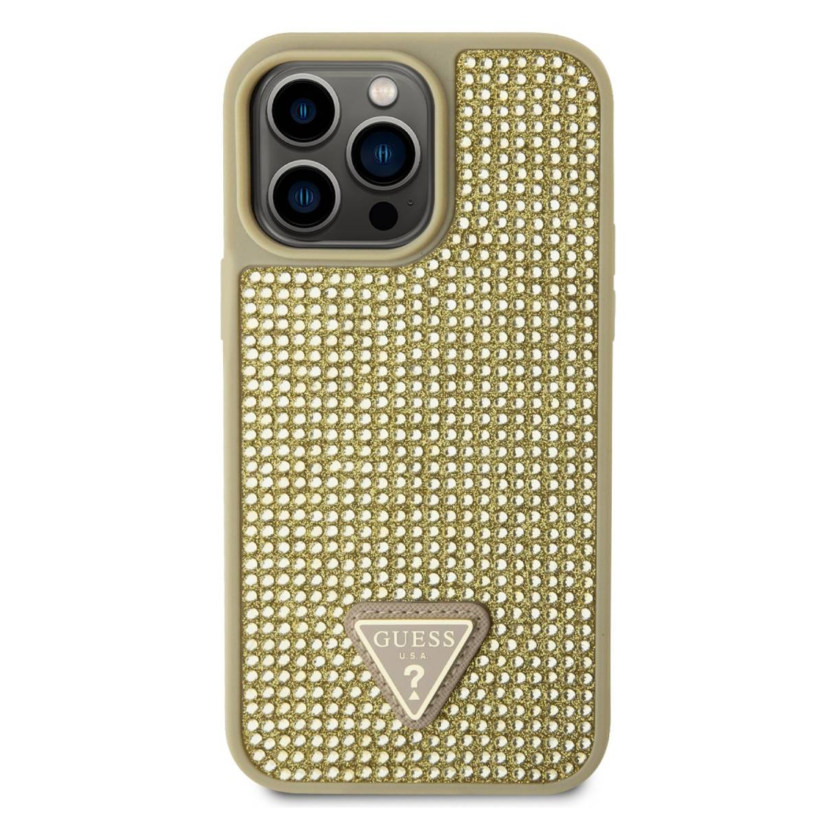 Custodia per telefono ricoperta di piccoli cristalli dorati, con logo Guess e logo triangolare.