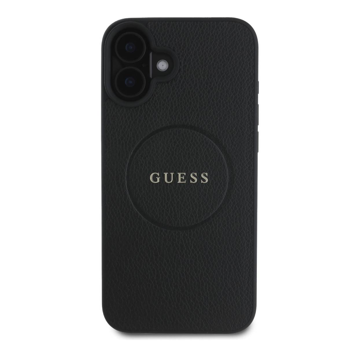 Custodia per telefono Guess nera. Ha due ritagli per fotocamera, un cerchio e il nome del marchio al centro.