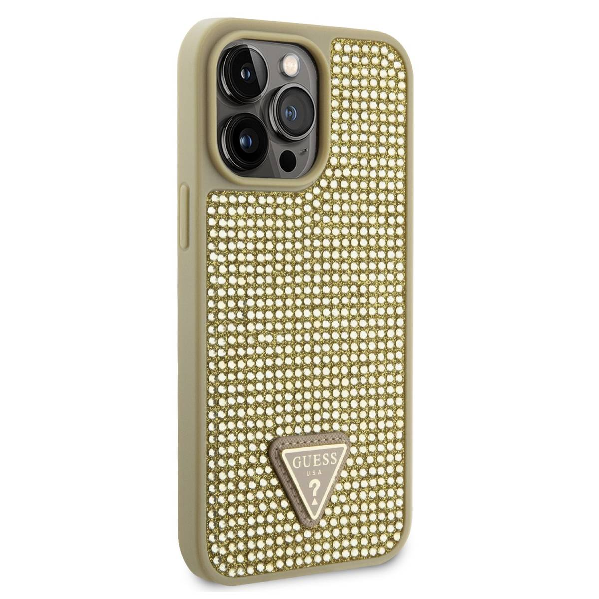 Custodia per telefono. Strass dorati coprono la metà. Logo Guess in basso. Bordo beige.
