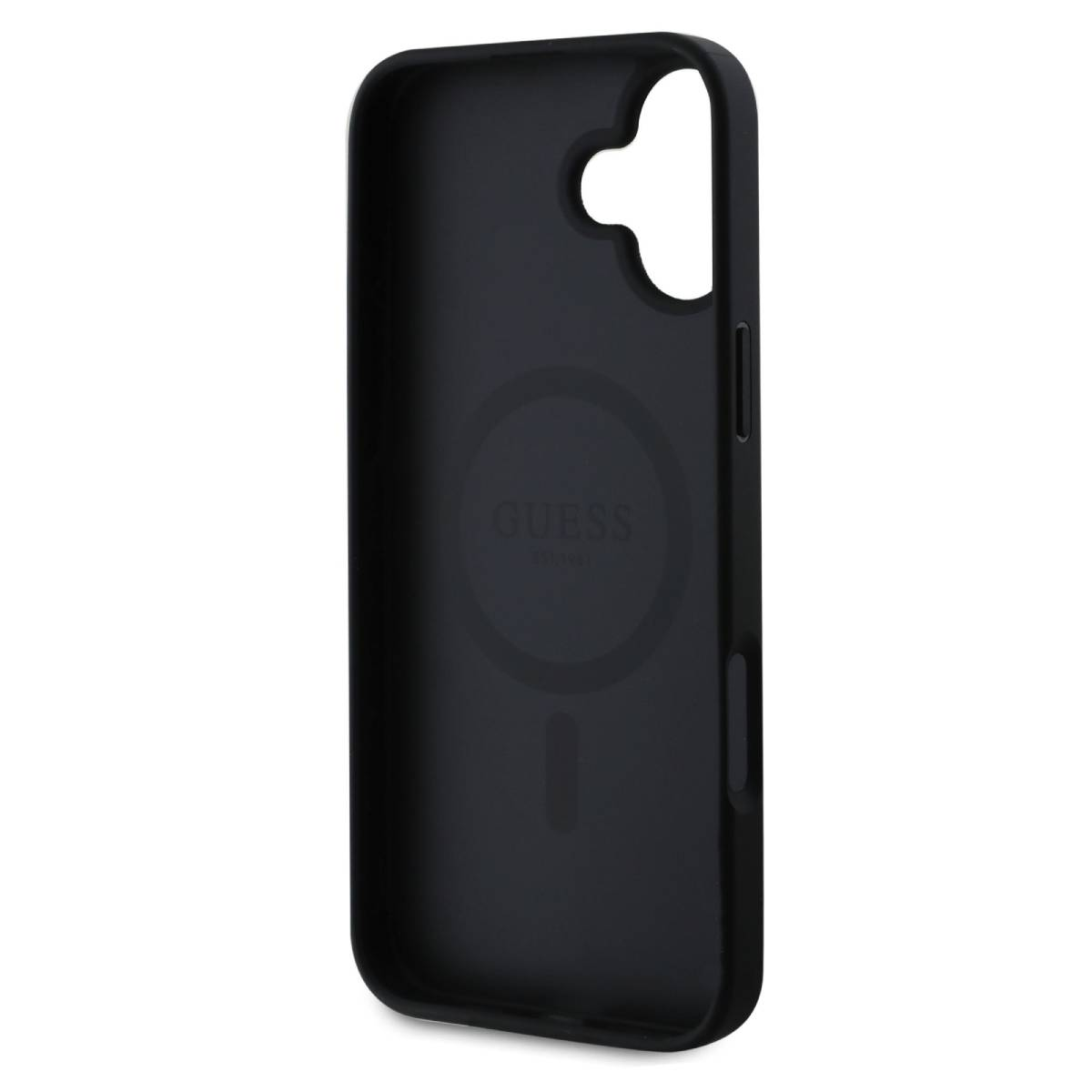 Interno della custodia del telefono nero con logo Guess. La custodia ha un cerchio magnetico.