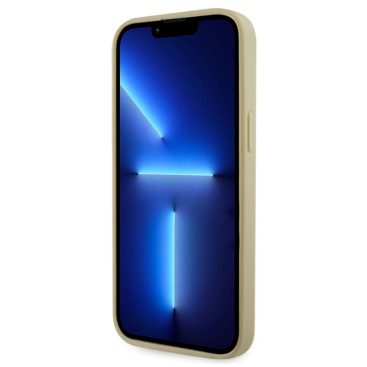 Telefono in una custodia. Schermo blu con effetto luce. La custodia è beige.