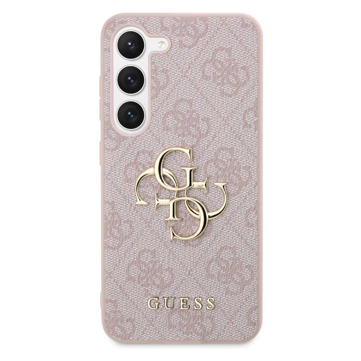 Custodia rosa con motivo ripetuto e logo Guess dorato.