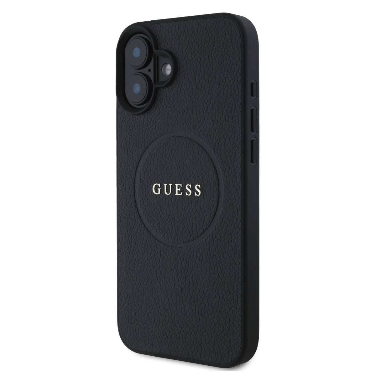Custodia nera con logo Guess in un cerchio al centro.