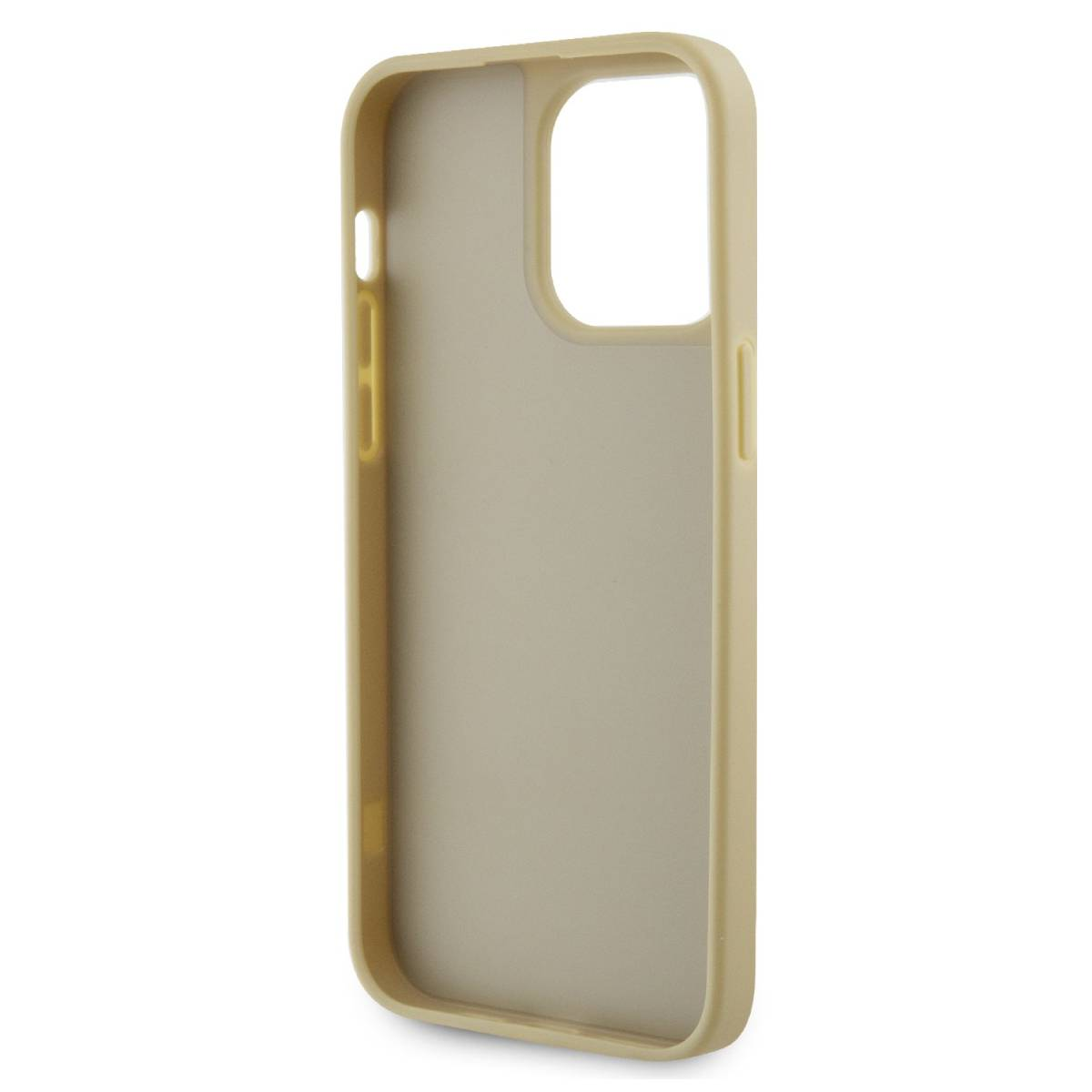 Custodia beige per telefono. Interno vuoto. La custodia ha un ritaglio per la fotocamera.