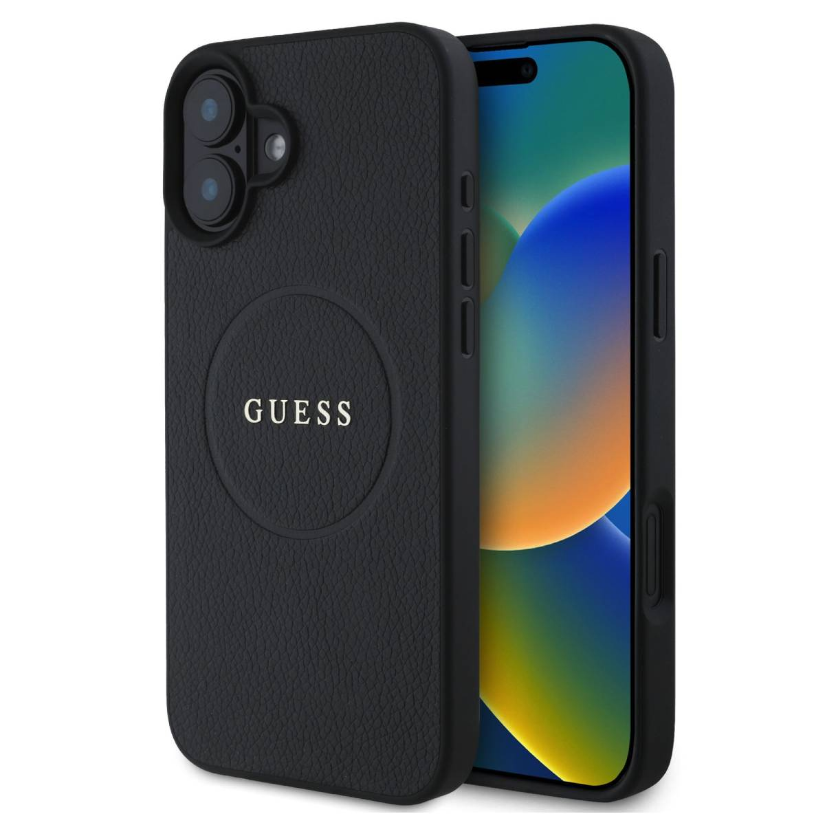 Custodia nera testurizzata con logo Guess dorato e schermo del telefono visibile.