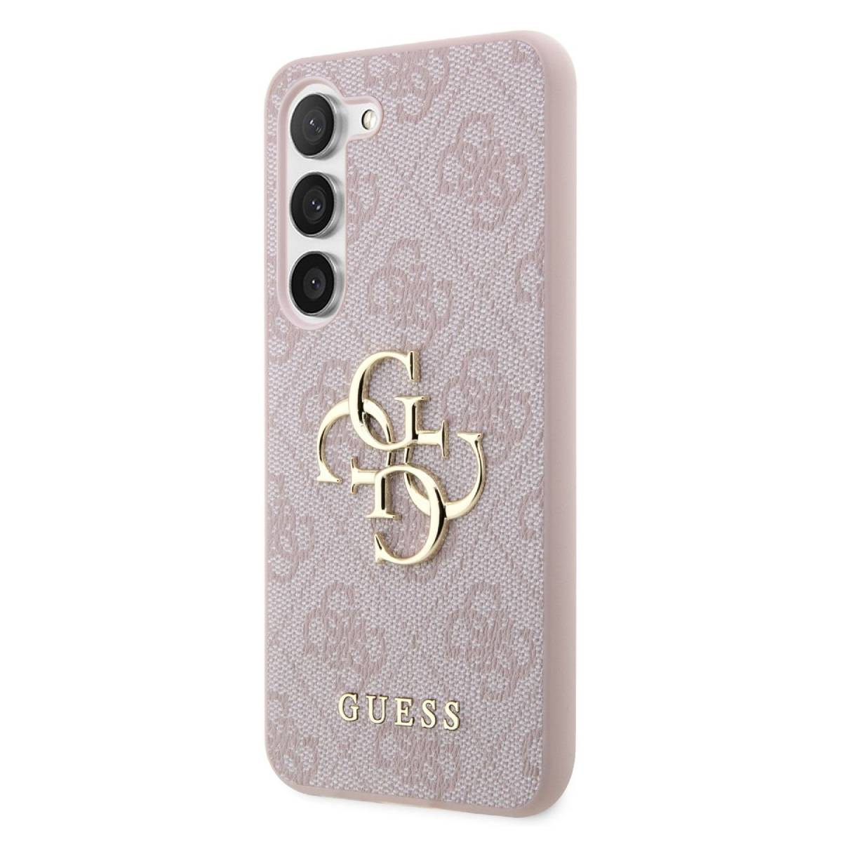 Custodia rosa con motivo ripetuto e logo Guess dorato.