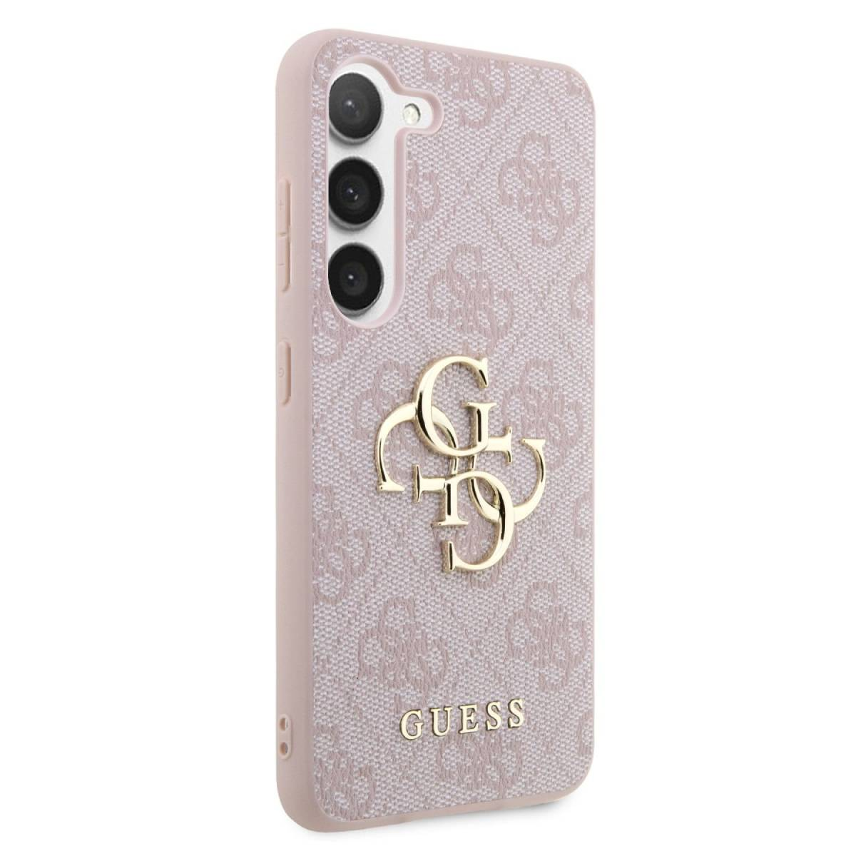 Custodia per telefono con motivo rosa. Logo Guess dorato al centro.