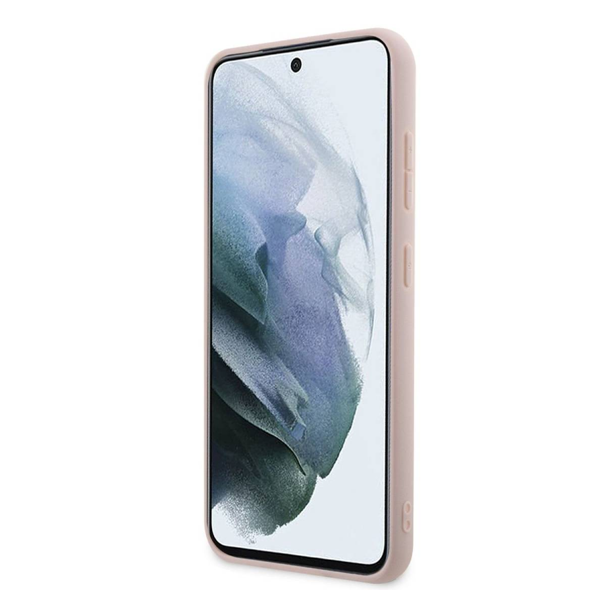 Telefono rosa con custodia rosa. Lo schermo del telefono è visibile, vista laterale.