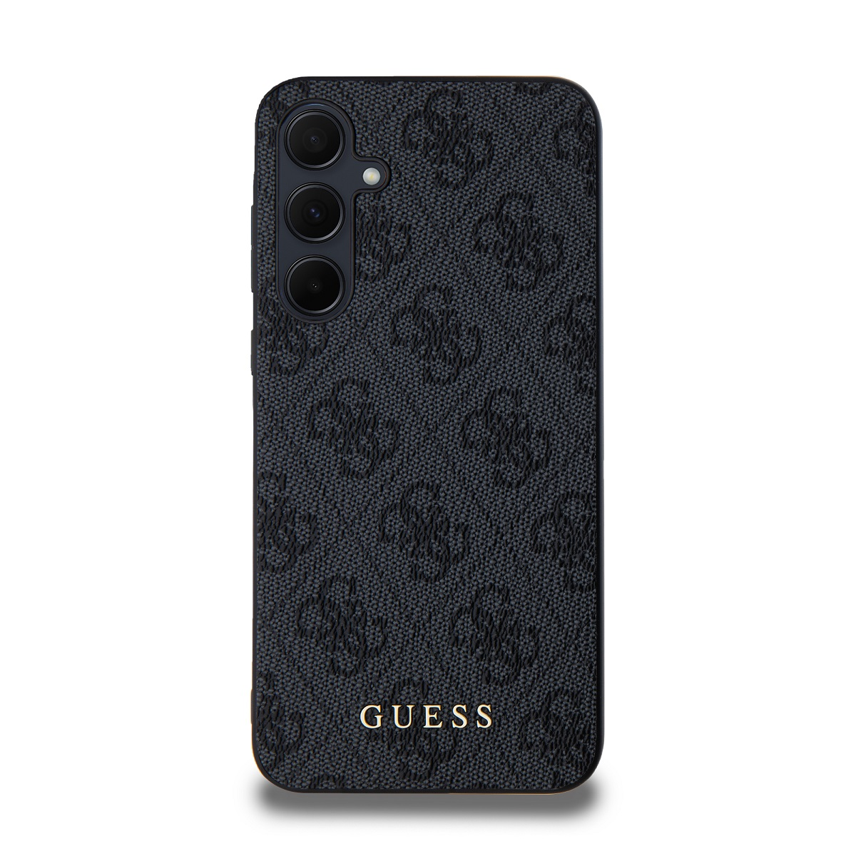 Custodia nera con logo Guess e motivo ripetuto.